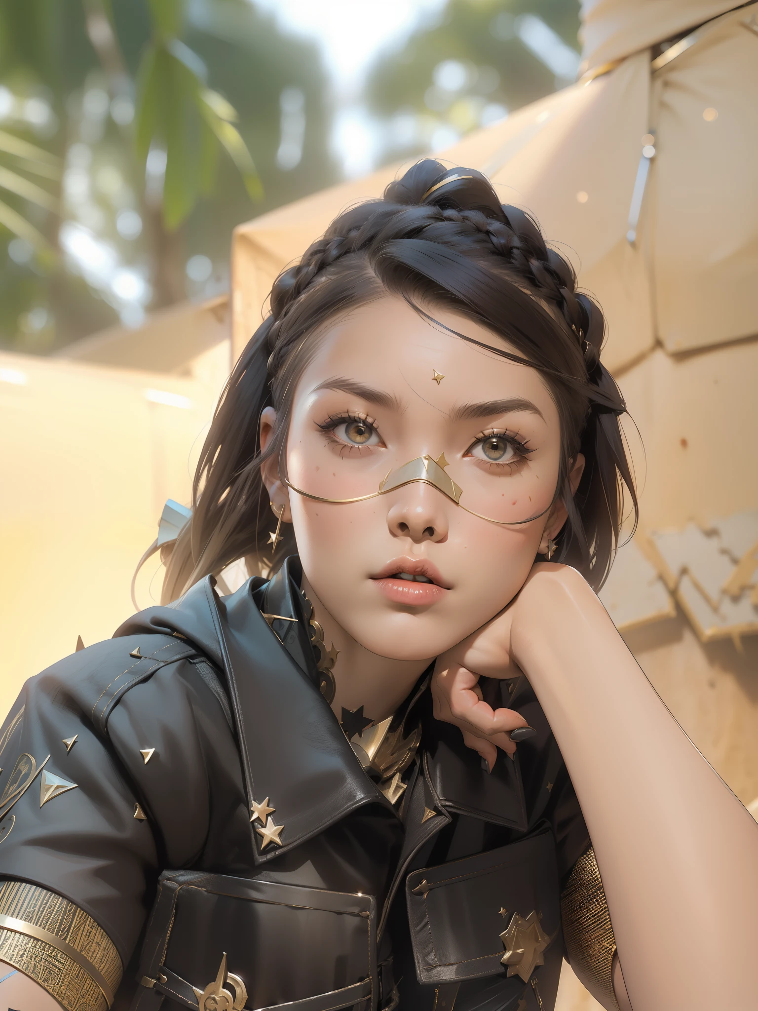 Full body like,(((woman))), (((best qualityer))), (((tmasterpiece))), (((AS-Adult))), ((( Vision above the waist ))), Manhwa Style, Blonde gladiator Barbara, 30 years with the sports body, postapocalypse, Modern armor, hoods, Half-moon symbol and golden stars on clothes, Arabic symbols, Many jewelry, (((soio))), (((1girll))) , Brooklyn gladiolus, Simon Beasley, almost naked(Simon Bisley)Urban barbaric style for《heavy metal》MagazineCover, Mohawk hair, Sexy pose, Small leather panties, , Minimum clothing, Black and red arabesque pattern, armure, Full of spikes and stars, (((from waist up))), Mohawk hair,A small braid, Color explosion, Wow Dek