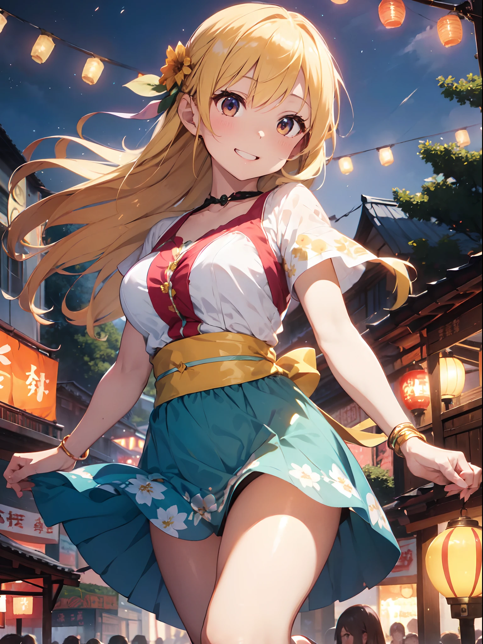 film photography, 1girl , (((whole body ))) , dynamic pose

Character: summer festival enchantress
Style: festive magic
Extraordinary Feature: infuses summer celebrations with enchantment
Action: Dancing joyfully with ribbons that leave trails of magical sparks
Hair: Loose and free-flowing with delicate flower adornments
Hair Color: Warm honey blonde with hints of floral hues
Eyes: Gleaming gold with an infectious sense of happiness
Clothing: flowing and vibrant festival attire, adorned with colorful ribbons
Background: bustling summer festival with lanterns and excited attendees, medium breast, full body, (realistic detailed eyes, natural skin texture, realistic face details), finely detailed, hyperrealistic