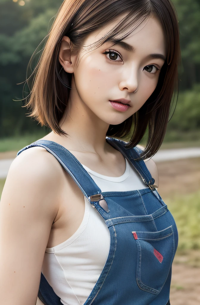 (Raw foto:1.2), (Photorealsitic:1.4), a beautiful detailed girl, extremely detailed eye and face, beatiful detailed eyes, Ridiculous, unbelievable Ridiculous, huge filesize, ultra-detailliert, hight resolution, ighly detailed, top-quality, masterpiece, Hyper High Detail, Cinematic lighting,From Side ,Modern, Full body like,refined face,kawaii faces,Skin reflection,25 years old female,slimfigure,A slender,cropped shoulders,Outside,((Woman in overalls)),