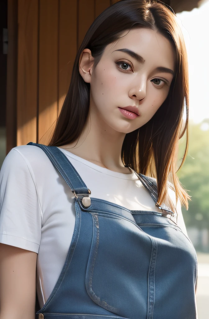 (Raw foto:1.2), (Photorealsitic:1.4), a beautiful detailed girl, extremely detailed eye and face, beatiful detailed eyes, Ridiculous, unbelievable Ridiculous, huge filesize, ultra-detailliert, hight resolution, ighly detailed, top-quality, ​masterpiece, Hyper High Detail, Cinematic lighting，From Side ,Modern， Full body like，refined face，kawaii faces，Skin reflection，25 years old female，slimfigure，A slender,cropped shoulders，Outside,((Woman in overalls)),