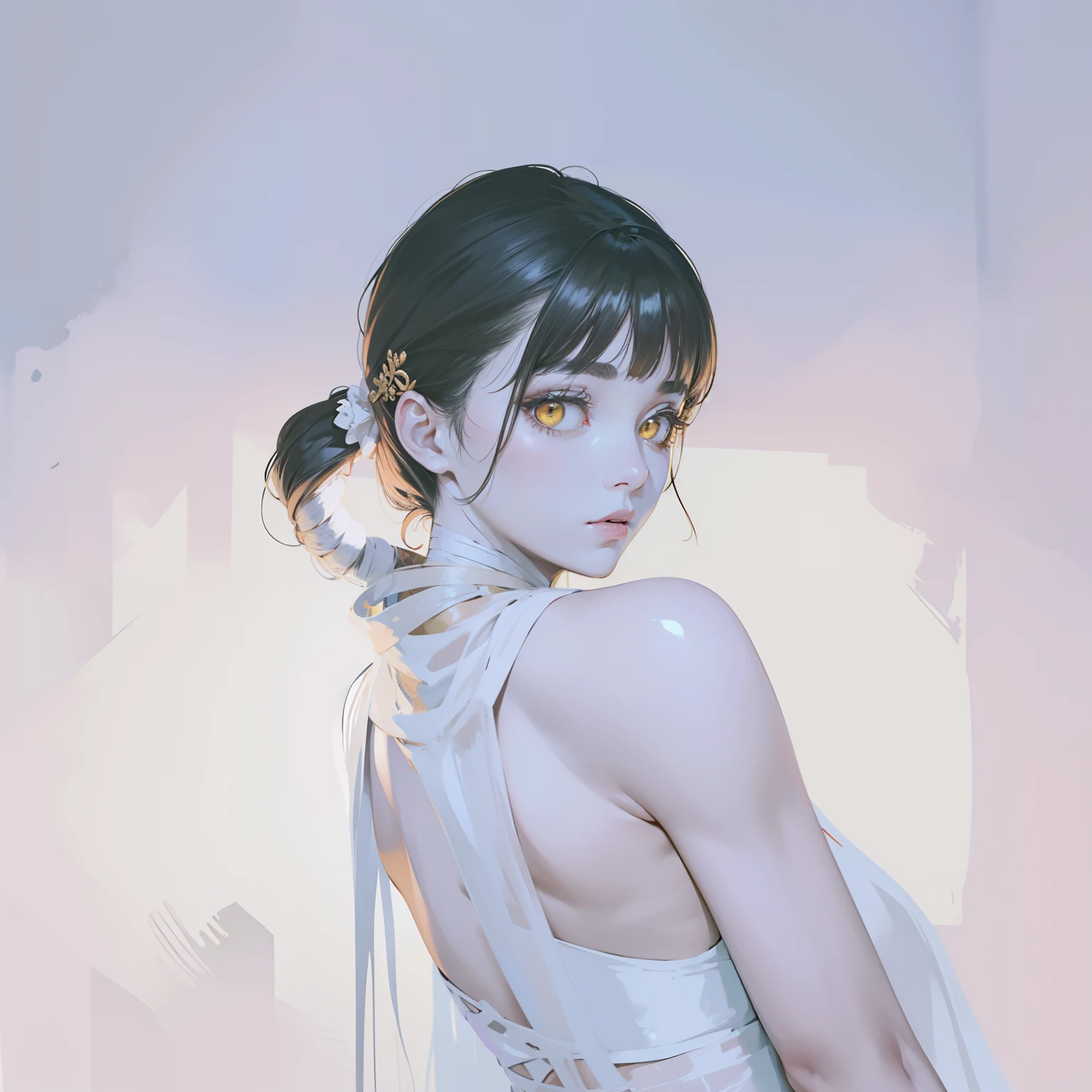 (flat color:1.4),1girl, solo focus, mummy, mummy custom, her hair in wrapped and concealed under bandages, only a few loose strands or wisps peeking out, pale hair, ashen hair color, air of mystery, glowing eyes, ethereal eyes, yellow eyes, eerie yellow, almond eyes, elongated eyes, thin eyebrows, wispy eyebrows, covered lips under bandages, adorned in tattered, beige-colored bandages that wrap around her body,Portray the mummy girl in a graceful and slightly haunting pose, ancient tomb, crumbling walls, hieroglyphs, muted tones, earthy tones, shades of brown, beige, and faded gold, soft lighting, diffused lighting, gentle shadows on the bandages, glowing symbols emanating from the mummy girl's body,