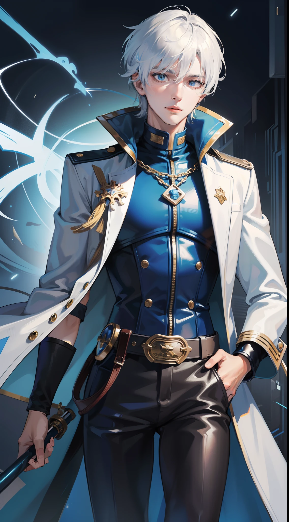Grown-up guy, short white hair, eyes with blue color, Blue leather coat, belts, circuits, breeches, two swords, Masterpiece, hiquality
