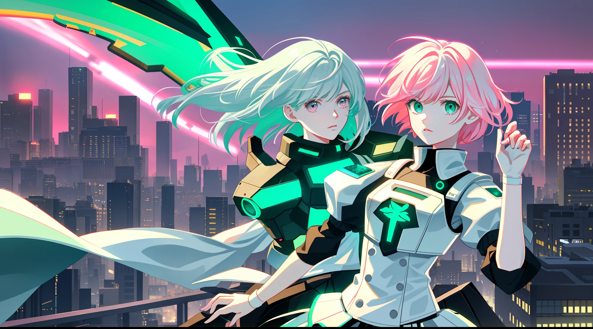 White-pink hair,Short and medium hair,s girl,green pupills,cyber punk style,City rooftops,Red Moon,Close-up of lighting effects,There was a wind blowing,hair flowing,Touch your right hand to your ear