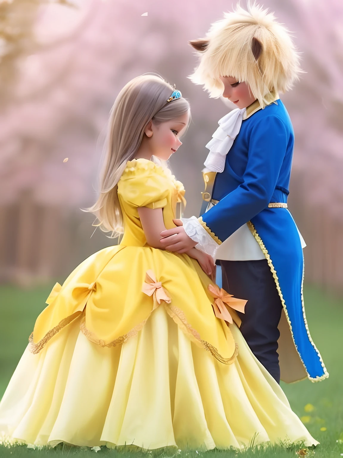 Imagem de uma e um meninodos como personagens da Disney, A Bela e a Fera, Loira - Princesa Cabelos, cavaleiro e princesa, traje bonito, princesa bonita, Lovely couple, com panos amarelos, vestido real, zelda e link, fantasy fairytale story, em roupas azuis e amarelas, menino e mentorybook sorriso bonito, olha para o menino, menino olha paraina, funples