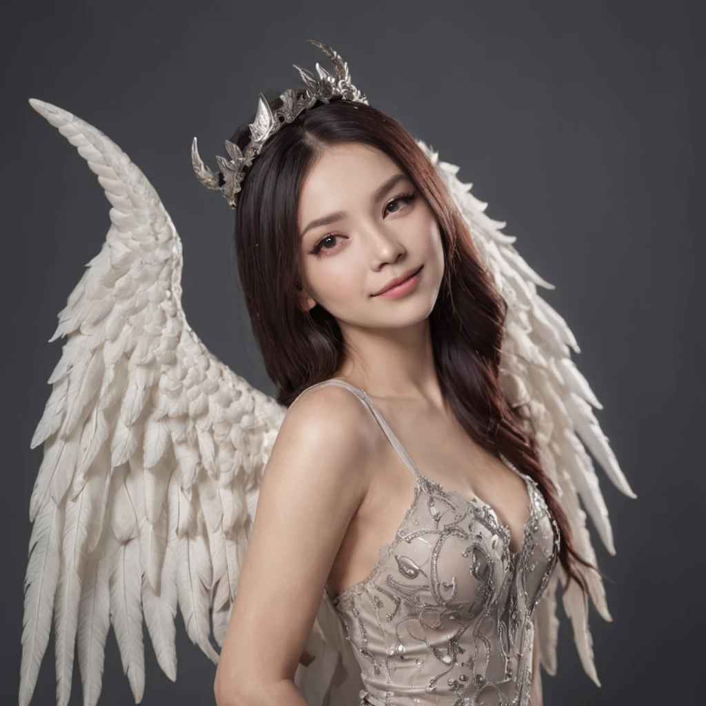 Photo of a very beautiful woman with angels and demons、Tattoos all over the body、Angel Wings and Devil's Wings、Angel smile and demon smile、Beautiful platinum brand long hair and long black hair