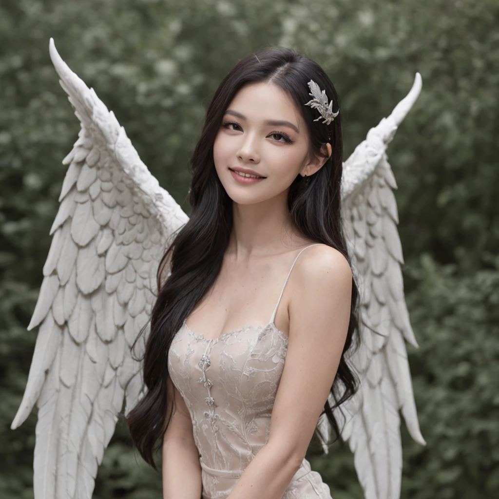 Photo of a very beautiful woman with angels and demons、Tattoos all over the body、Angel Wings and Devil's Wings、Angel smile and demon smile、Beautiful platinum brand long hair and long black hair