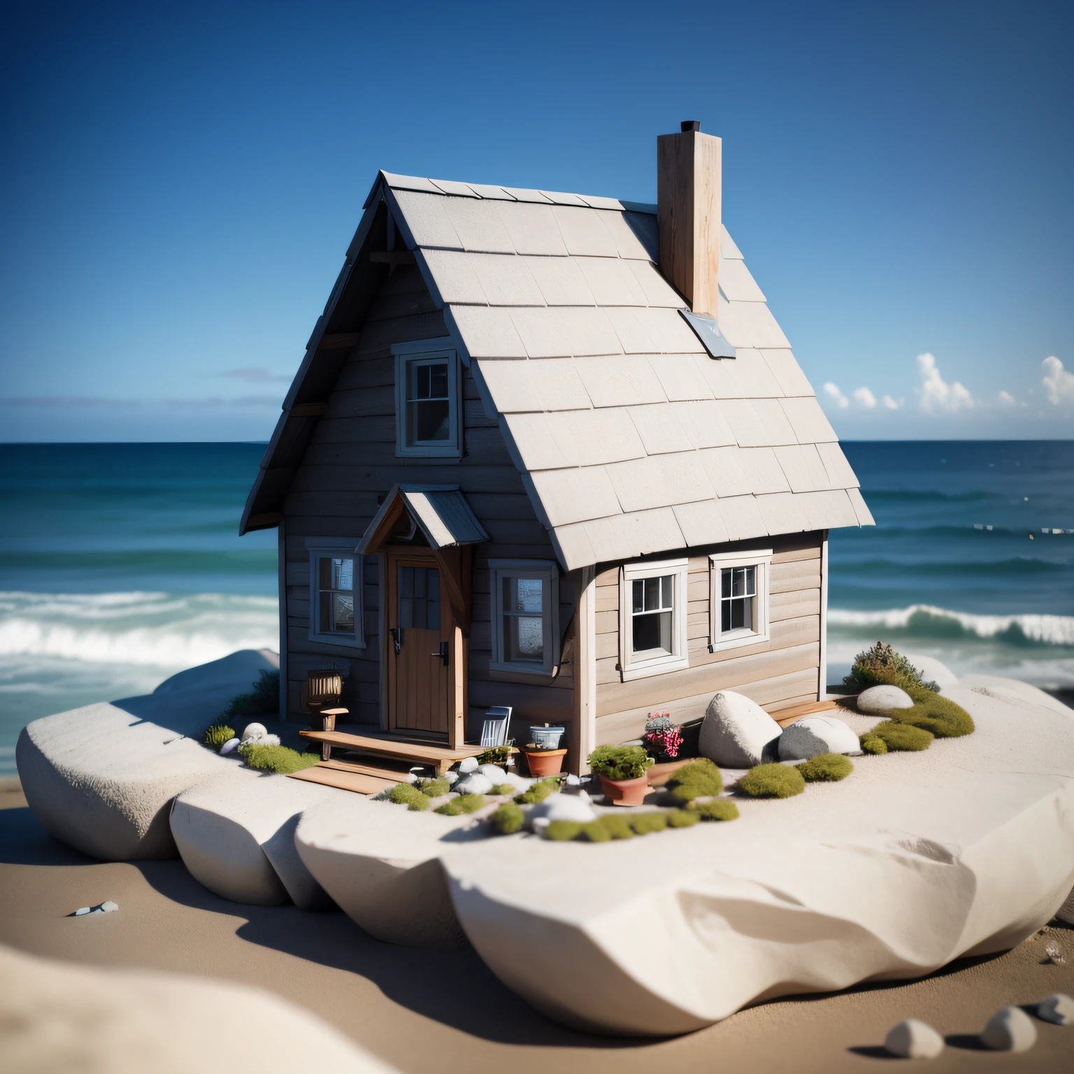 Close-up of An old tiny house in front of the ocean, its briks made grey by time, little dirt-white rocks make a pattern to follow for entering the house, photorealistic, highly detailed