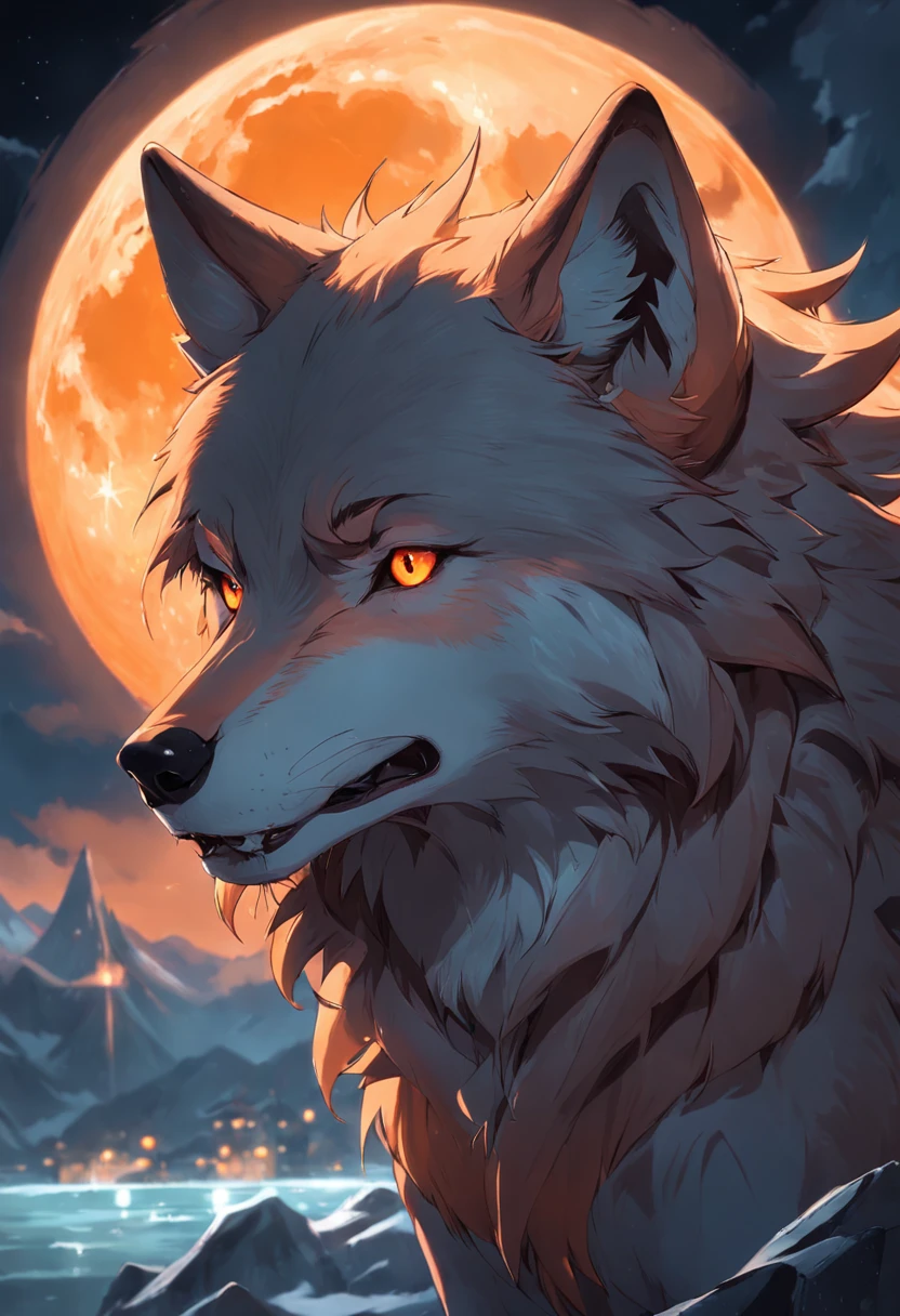 Wolf groaning orange moon，head portrait，ember，beast ear，Handsome