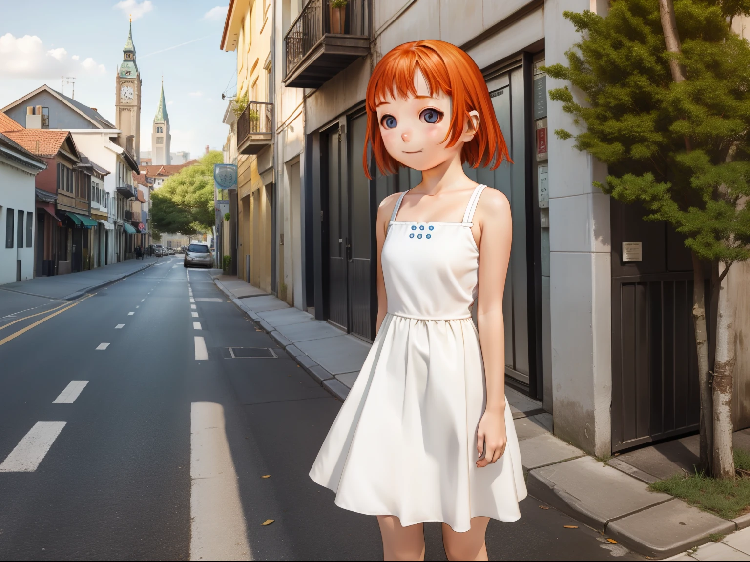 Ginger Girl, happy, sundress, standing, empty street