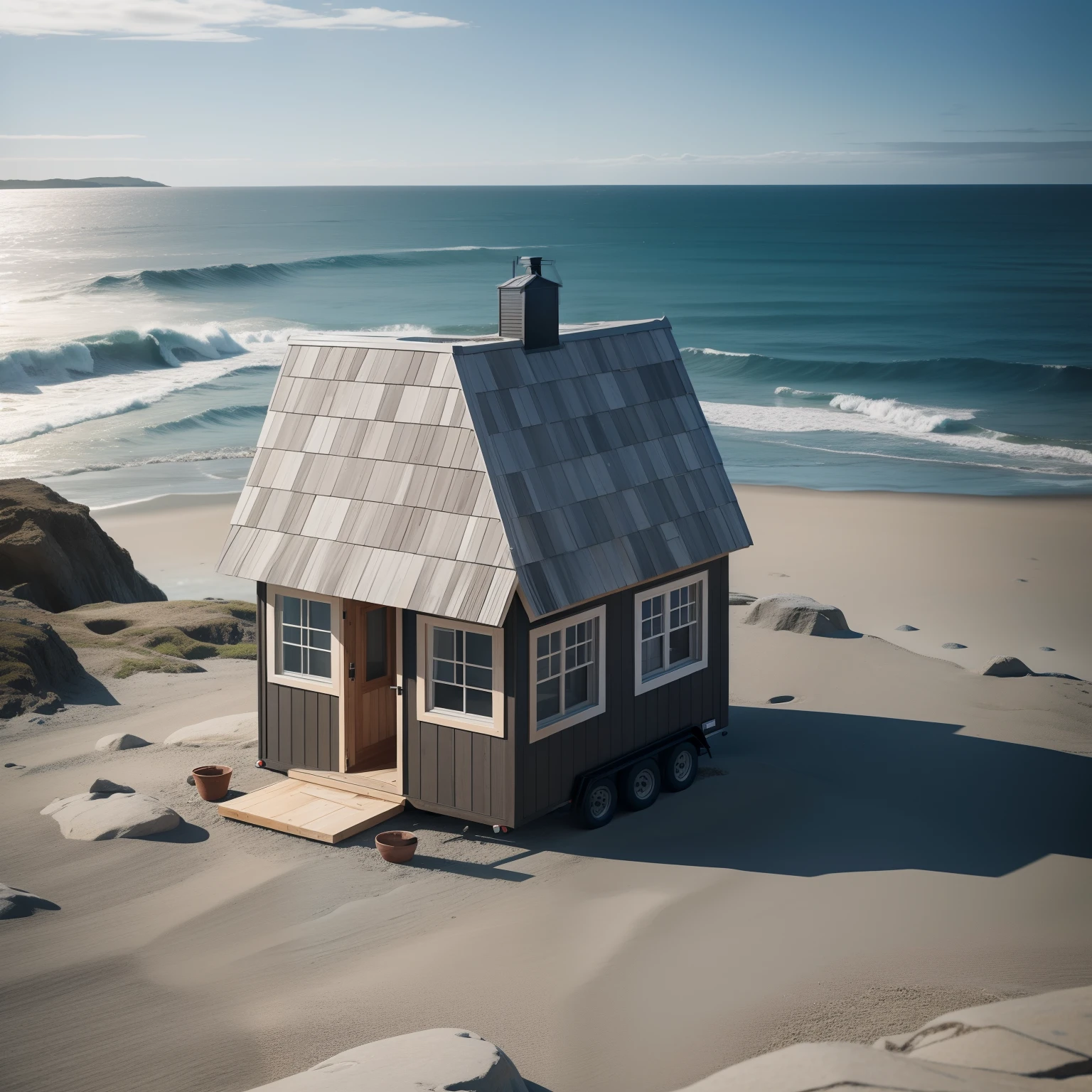 An old tiny house in front of the ocean, its briks made grey by time, little dirt-white rocks make a pattern to follow for entering the house, photorealistic, highly detailed