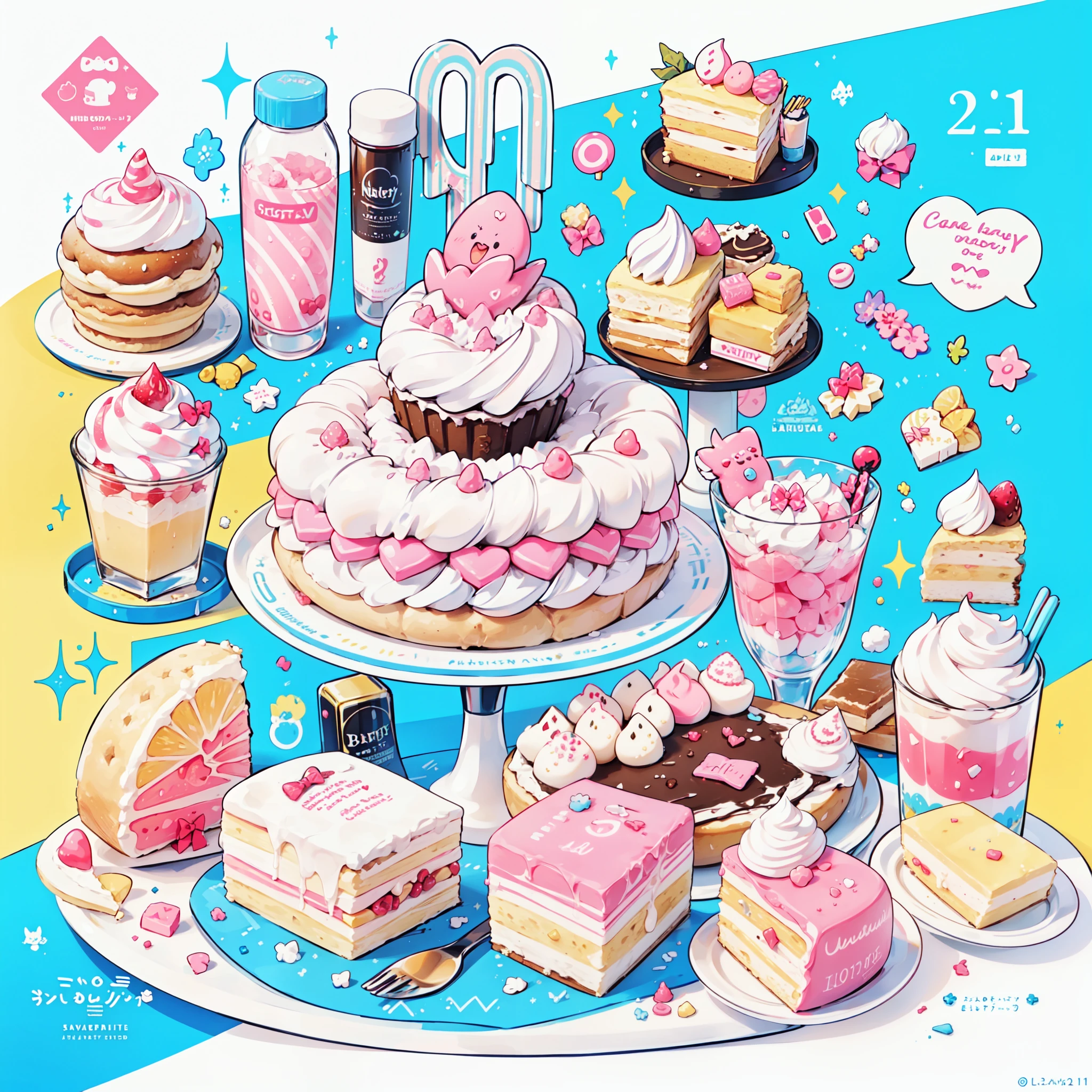 1girl in, Pastel muted colors, (The color palette is yellow:1.2, Blue:1.2, Pink:1.2), (Blue hair bun and blonde), Short Fashion Skirt, Sitting on a throne made of sweets and pastries, For example, donut, sprinkle, candy, lollipop, candy cane, a cake, cupcake, Cake Pop, Ruffles and lace, polka dot, Long bat ears