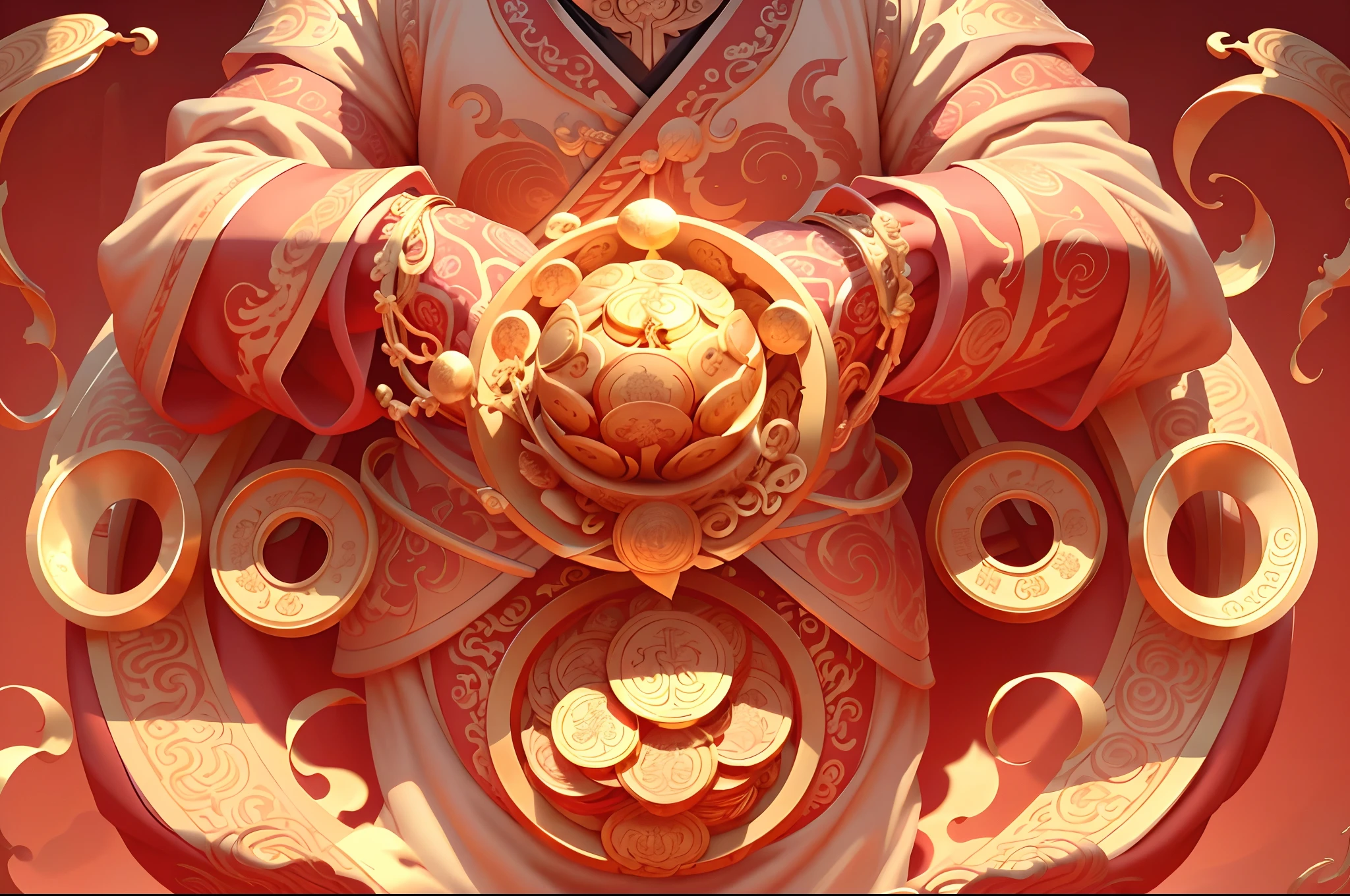 Close-up of a man holding gold coins in front of red background, （God of Wealth, There are many gold coins around, Holding gold）, 8 K cartoon illustration, inspired by Park Hua, Chinese style, inspired by Gong Xian, wearing gilded red robes, golden chinese text, flaunting his wealth, Chiba Yuda