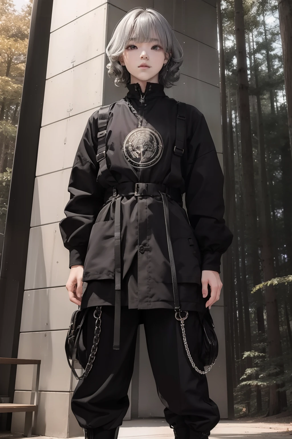 masutepiece、超A high resolution、Powerful images、8K、scene inside forest、15 year old tall boy Short bob with silver hair、Curly hair、eyes large、Blackchain Mail、Niō Standing、