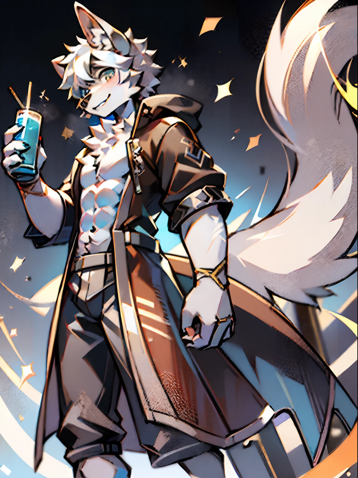 eyes with brightness, in a panoramic view，Character focus，Full body like，独奏,solo person， Correct human anatomy。male people，Furry male wolf，eyes blue，White-colored skin， White hair(The long），White animal ears，leisure wear，Young style，Height one meter eight，Handsome， There is a wolf tail，Abs，k hd，8K，1440*2048