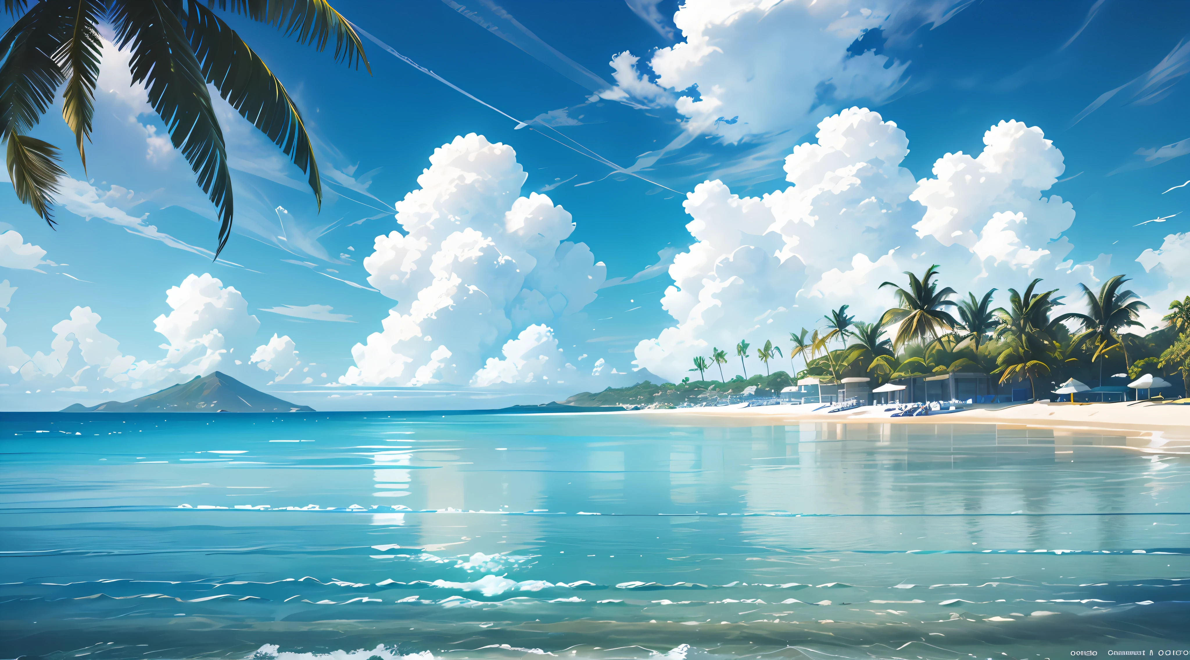 Summer, seaside, island, clear water, blue gradient water, transparent water, island, coconut palm, paradise, large clouds, blue sky, hot weather, HD detail, hyper-detail, cinematic, surrealism, soft light, deep field focus bokeh, distant snow mountains, ray tracing, and surrealism. --v 6