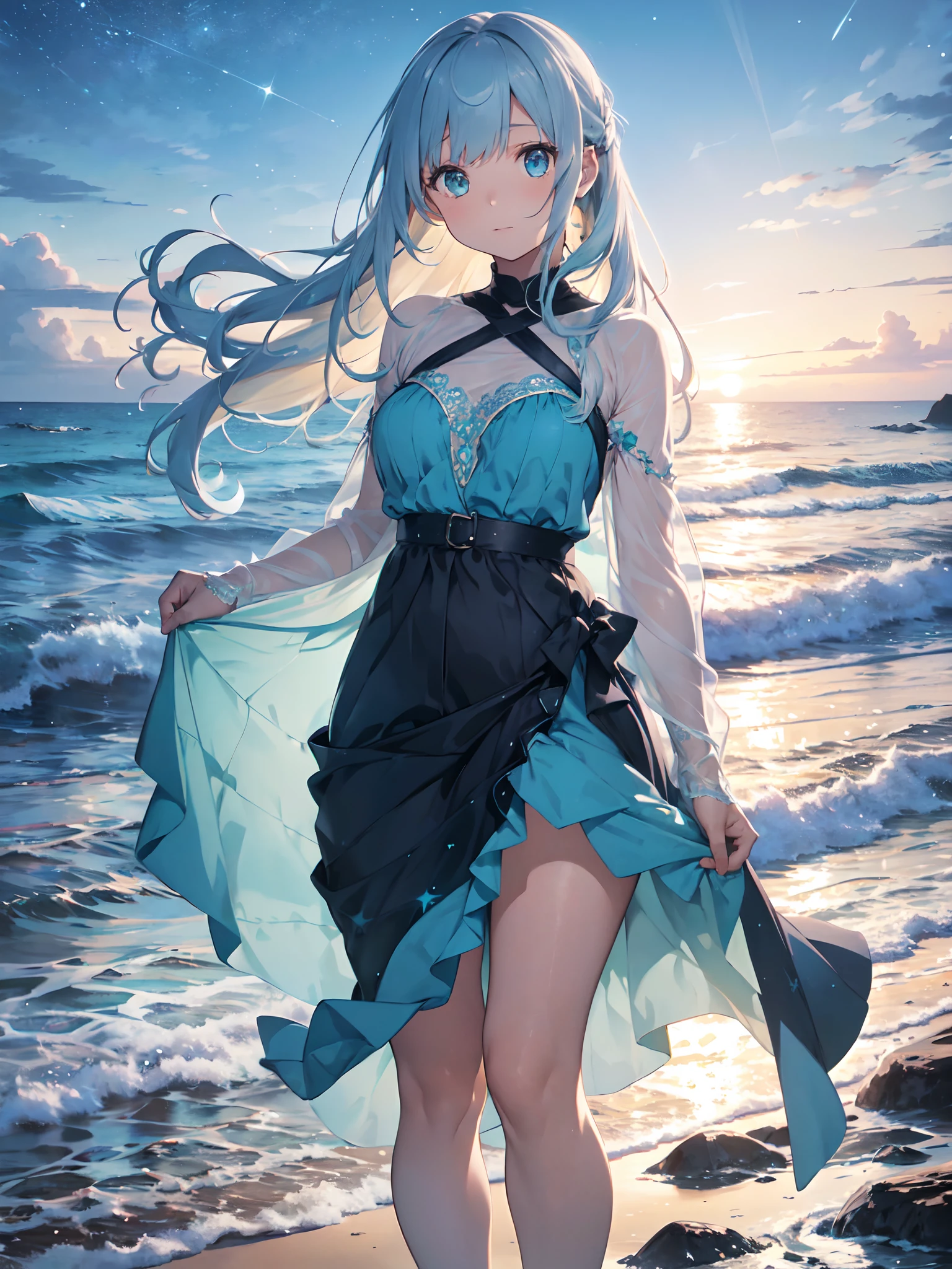 pov, (Tropical resort style) (solo:2, 15 yo), (beautiful detailed forehead) (best beauty blue hair long hair) (best cute girl, detailed cute blue eyes, love smile, glossy lip, blushing, small tits), in a cute blue Layered dress, break, in the night South Sea Island, night beach, put on the Bonfire, background night beautiful Starry sky, BREAK, perfect anatomy, masterpiece, best quality, 16k, beautiful detailed love, daydreaming expression.