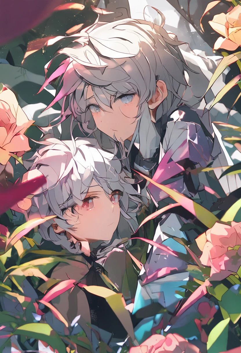 Obra maestra, Calidad superior, (CG 8k high definition wallpaper), (Calidad superior), (Top illustration), (Sombra superior), Sprites brillantes, Image from Japanese anime, Perfil masculino, color de pelo verde, boca cerrada, estilo detallado y delicado, con flores, Vivid lighting and realistic shadows, Alta calidad, 8k