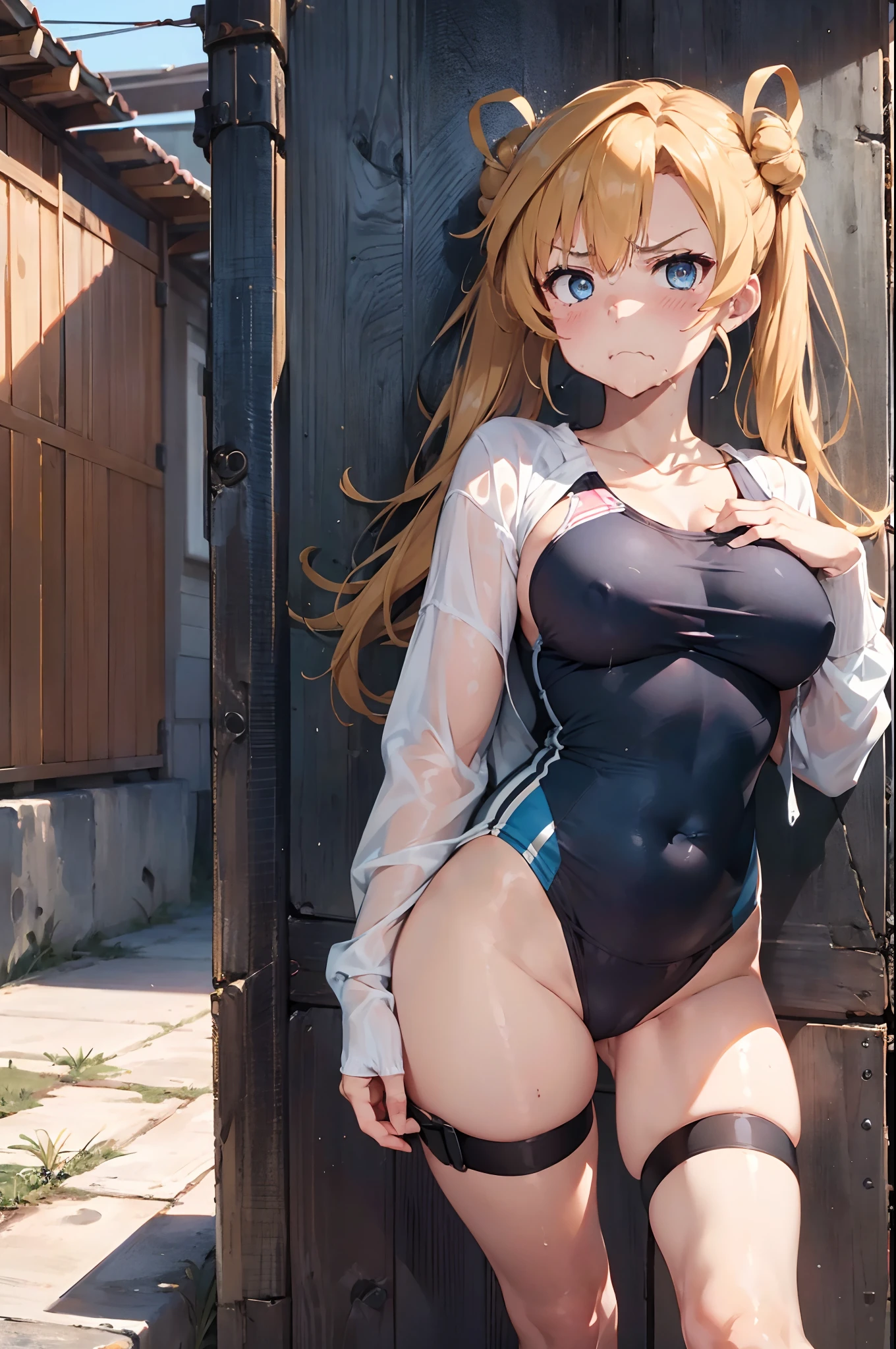abukuma \(kancolle\),blonde hair,long hair,hair bun,hair rings,twintails,blue eyes,(disdain:1.8),(disgust:1.8),blush,standing,(right hand on chest),((masterpiece)),((best quality)),((high resolution)), ((ultra-detailed)),old style school swimsuit, one-piece swimsuit, navy blue school swimsuit, landless swimsuit, 1girl, Solo,((from below)),((from front)),((concrete background)),((caged)),prison,(basement),perfect anatomy,barefoot,