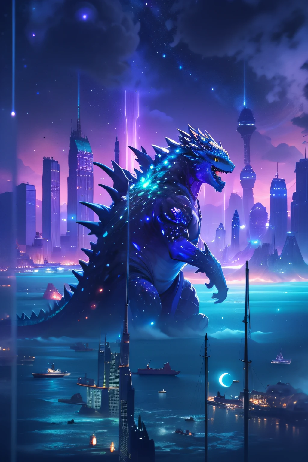 Godzilla , the ocean，The background is a futuristic city, scifi style, blue and violet, brightly, Sky background at night，There are many stars and a moon that splits in two. Ultra photo realsisim