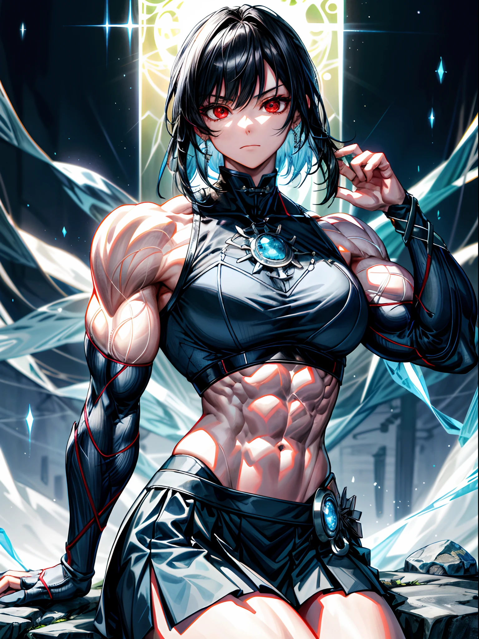 8K, complex, elegant, Highly detailed, Majestic, Digital photography, cowboy lens, surrealism painting, Broken rubies, Beating magic, Entwined ice magic, (Masterpiece, Side light, Fine beautiful eyes: 1.2), hdr, Void 5 Energy Storm, (Chinese girl, Black and red eyes: 1.5), Glowing skin, ( Sitting on a stone: 1.5), Delicate face, Black hair, Wearing palatial blue armor, Bare shoulders, navel, Short skirt, Exquisite blue armor, Rained, Beautiful, Looking at the audience, Turn away from the camera, Masterpiece, Upper body,Portrait,Muscular,musculature,Strong,Large muscles，Strong arm muscles，Strong leg muscles，Oversized muscles，Abs（body builder：1.5）