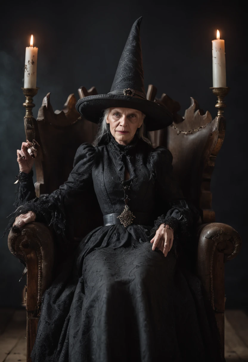 (An old witch sat in a chair in Cadillau,She was holding a crow:1.5,Wearing a skull hat on his head:1.2),(dark castle background,unholy,terroral),(wide angles,Ultra HD details,Masterpiece, hyper HD, Super detail, High details, Best quality, A high resolution, Award-Awarded, 8K),(电影灯光)