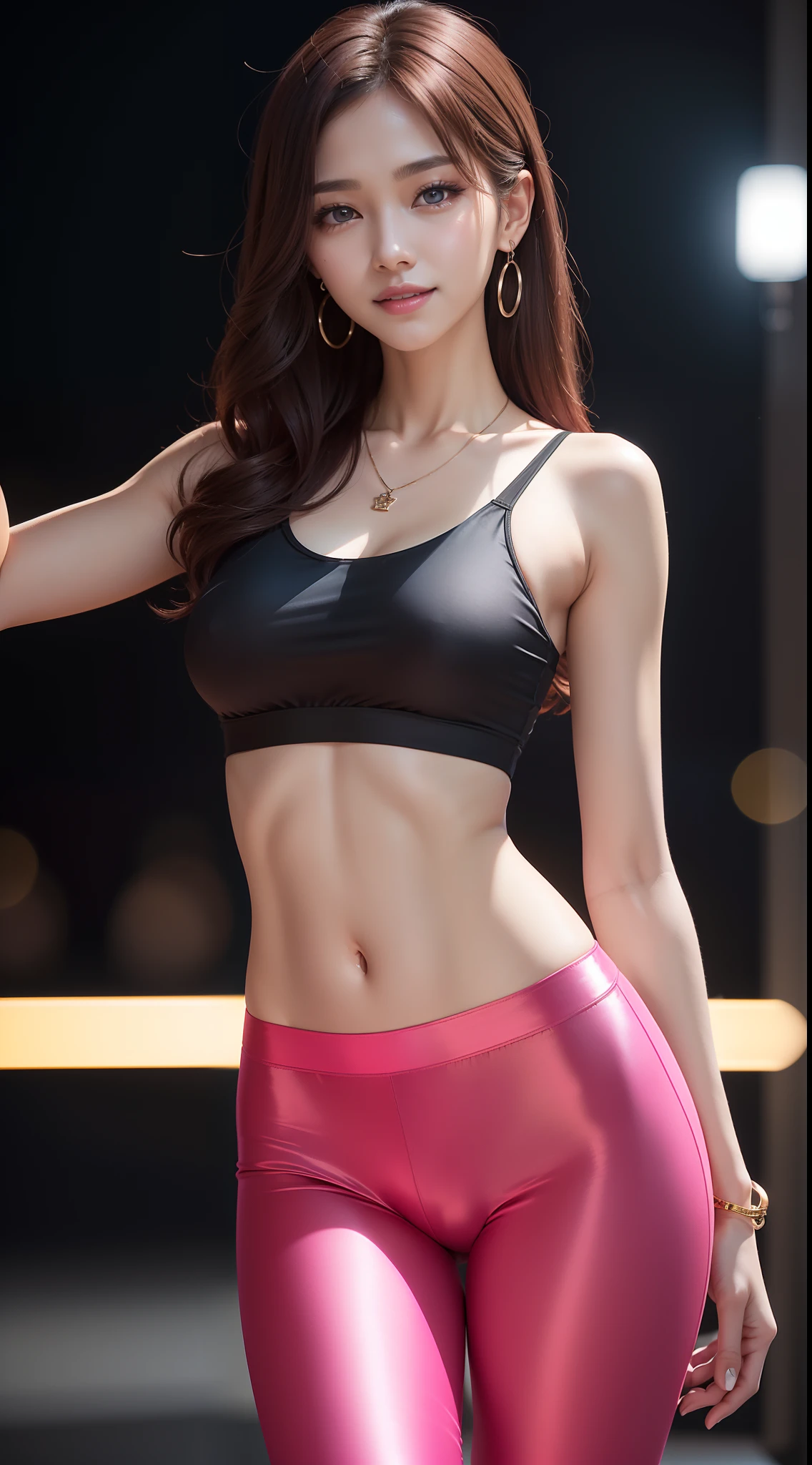 8k, masterpiece, RAW photo, best quality, photorealistic, extremely detailed CG unity 8k wallpaper, Depth of field, Cinematic Light, Lens Flare, Ray tracing, (extremely beautiful face, beautiful lips, beautiful eyes), intricate detail face, ((ultra detailed skin)) 1girl, in the dark, deep shadow, pretty korean girl, kpop idol, 1 girl, (very slim slender fit-muscled body:1.3), ((looking at viewer)),(big smile:1.3), (tight hot pink pants), (silk mini pants), (midnight, dark night, (neon sign), (blurred background), dim light), (without people in the background:1.3), beautiful earrings, bracelets, necklace, pantyhose, clear eyes, walking , front shot, (pale skin), (big eyes), face forward, (full body shot), ((silk hot pink shirt)), (brown hairs), (tight pants ), (silk shirt), open navel, (looking at viewer:1.3) very slim, medium breasts,, (camel toe), medium butt