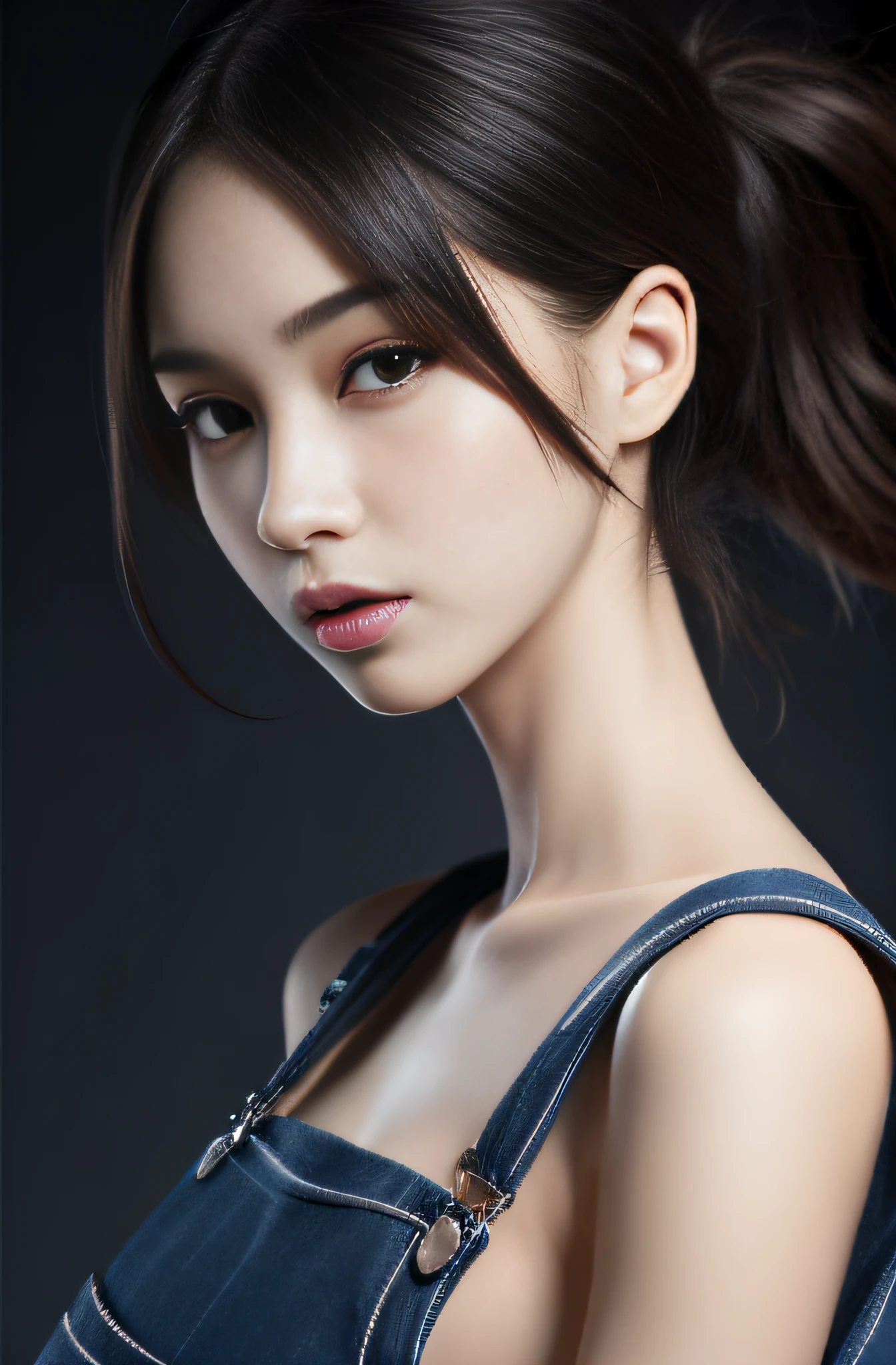 best qualtiy, Hyper High Detail, Cinematic lighting，from side ,Modern， Full body like，refined face，kawaii faces，Skin reflection，25 years old female，slimfigure，A slender,cropped shoulders，Outside,((Woman in overalls)),Transverse breasts