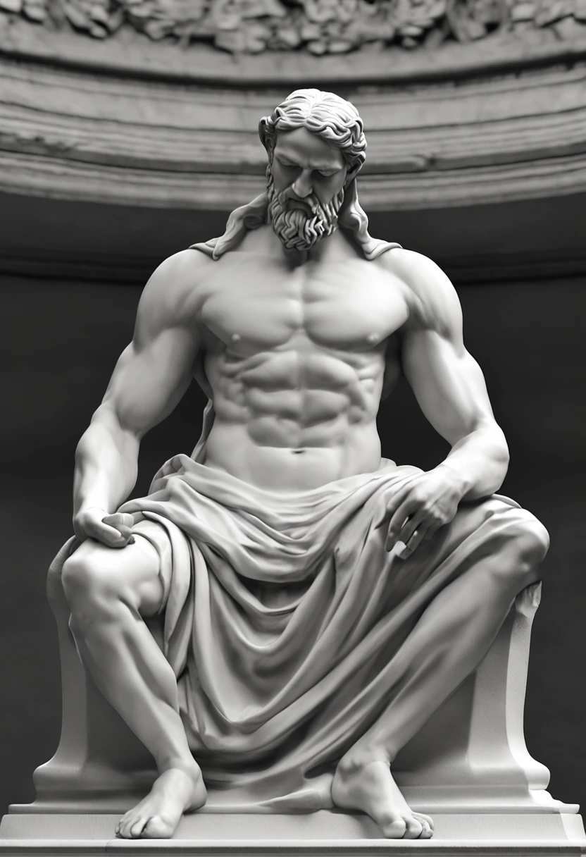 statue of a contrite man worshiping God kneeling with eyes to heaven and hands raised, divine and stoic, a very strong light like a ray of light over his head and around his body from above, by exekias, stoicism, philosopher, stoic pose, Arnold and Zbrush, greek god, inspired by exekias, angry god Zeus