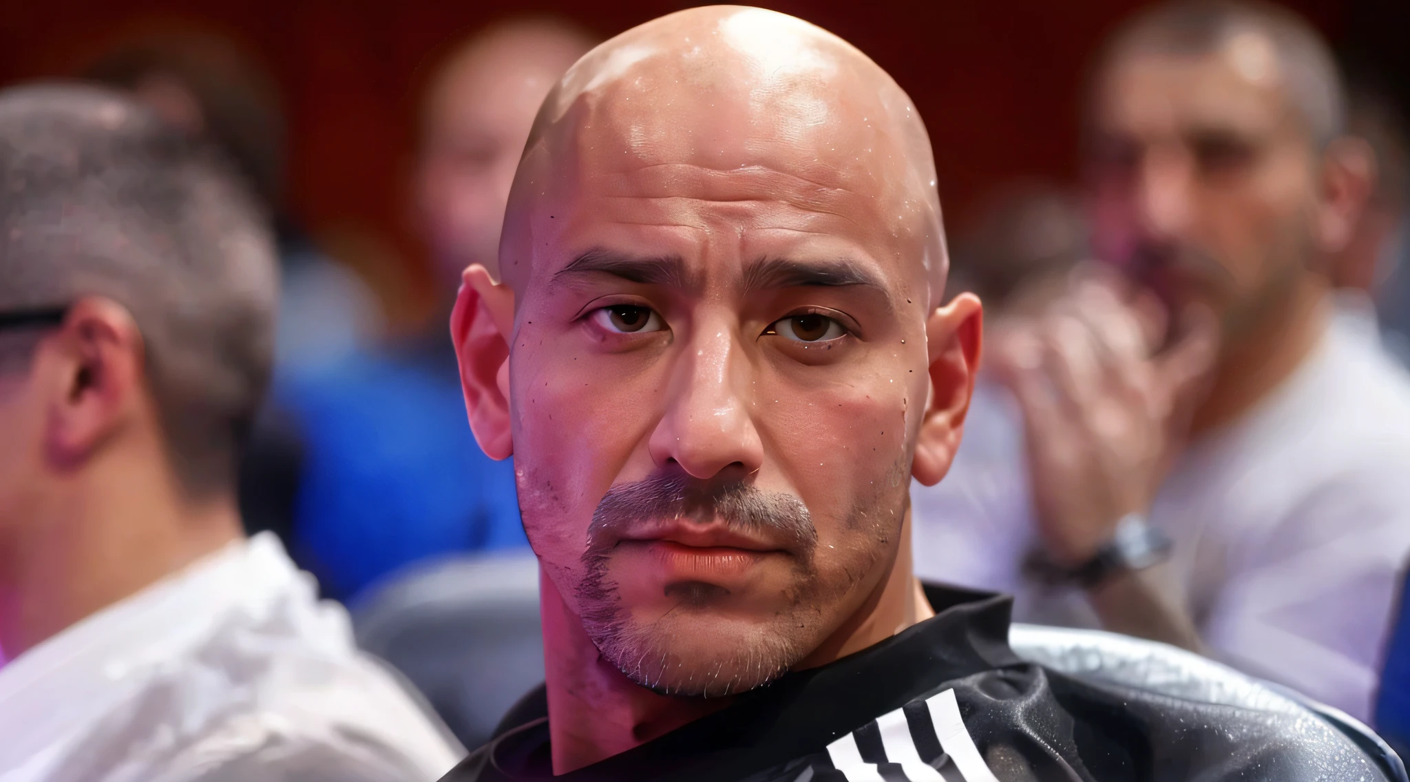 arafed bald man in black shirt sitting in front of a crowd, gary montalbano, gaspar noe, bald lines, 3 6 years old, a bald, 38 years old, bald head and menacing look, 4 0 years old man, bald man, stern look, joe rogan, riccardo federici, menacing look, looking serious