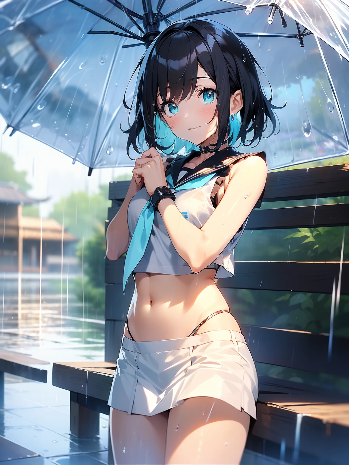 (masutepiece, Best quality:1.37), high resolution, Ultra-detailed, ultrasharp, 1girl in, girl on top, (((1girl in:1.37, Solo))), (Beautiful anime face, Cute face, Detailed face), ( Black hair, Short hair), (((Delicate and beautiful cyan eyes))), (((Rainy))), (((Wet in the rain))), a sailor suit, White color blouse, (((Sleeveless))), a navel, ( cow boy shot), A park, A miniskirt, White underwear,