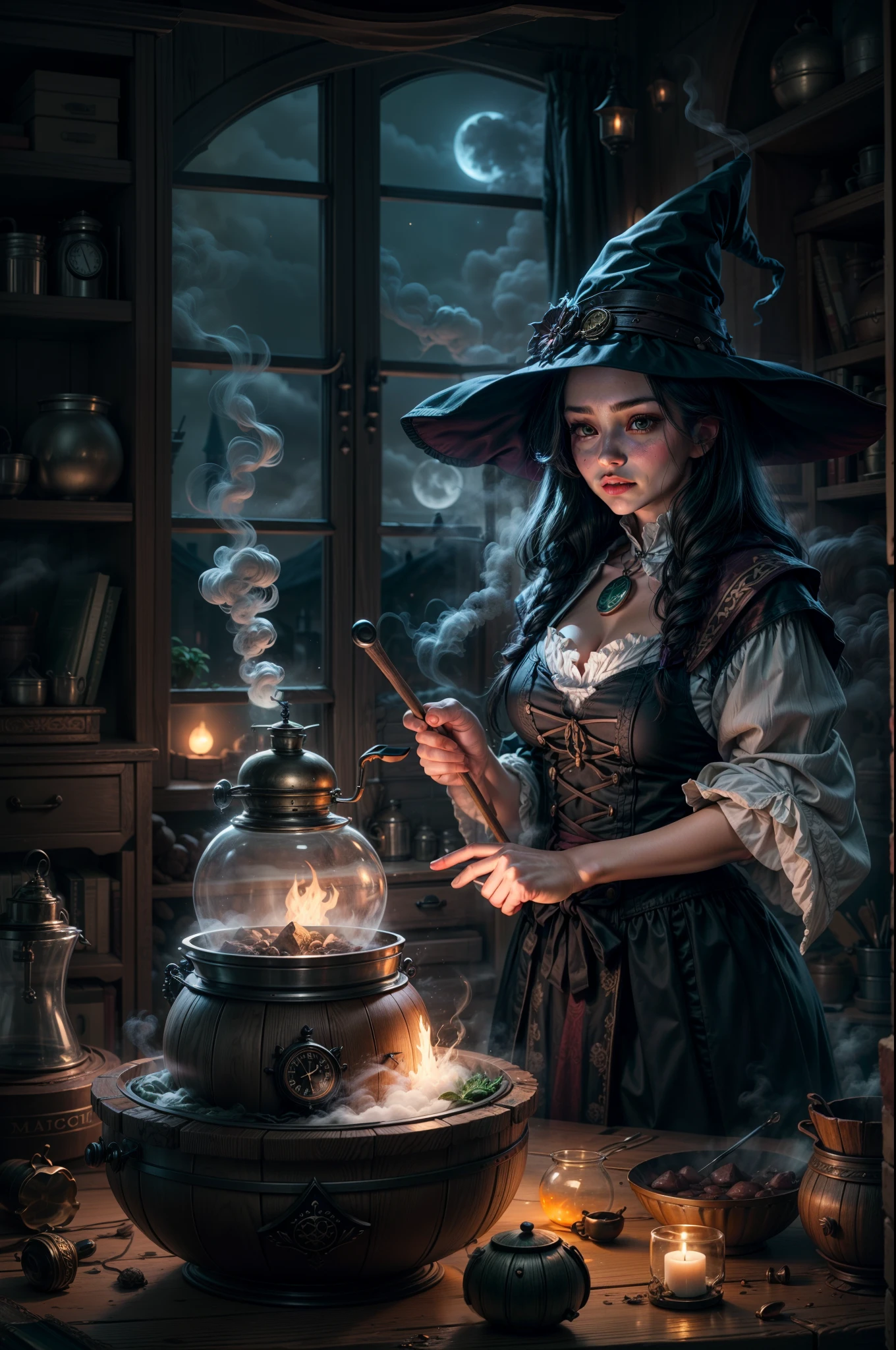 a beautiful witch in her alchemist room, working on her project with a steaming cauldron filled with green glowing smoke, against the backdrop of a fantasy night with a full moon and a view from the window, dressed in a traditional witch outfit.