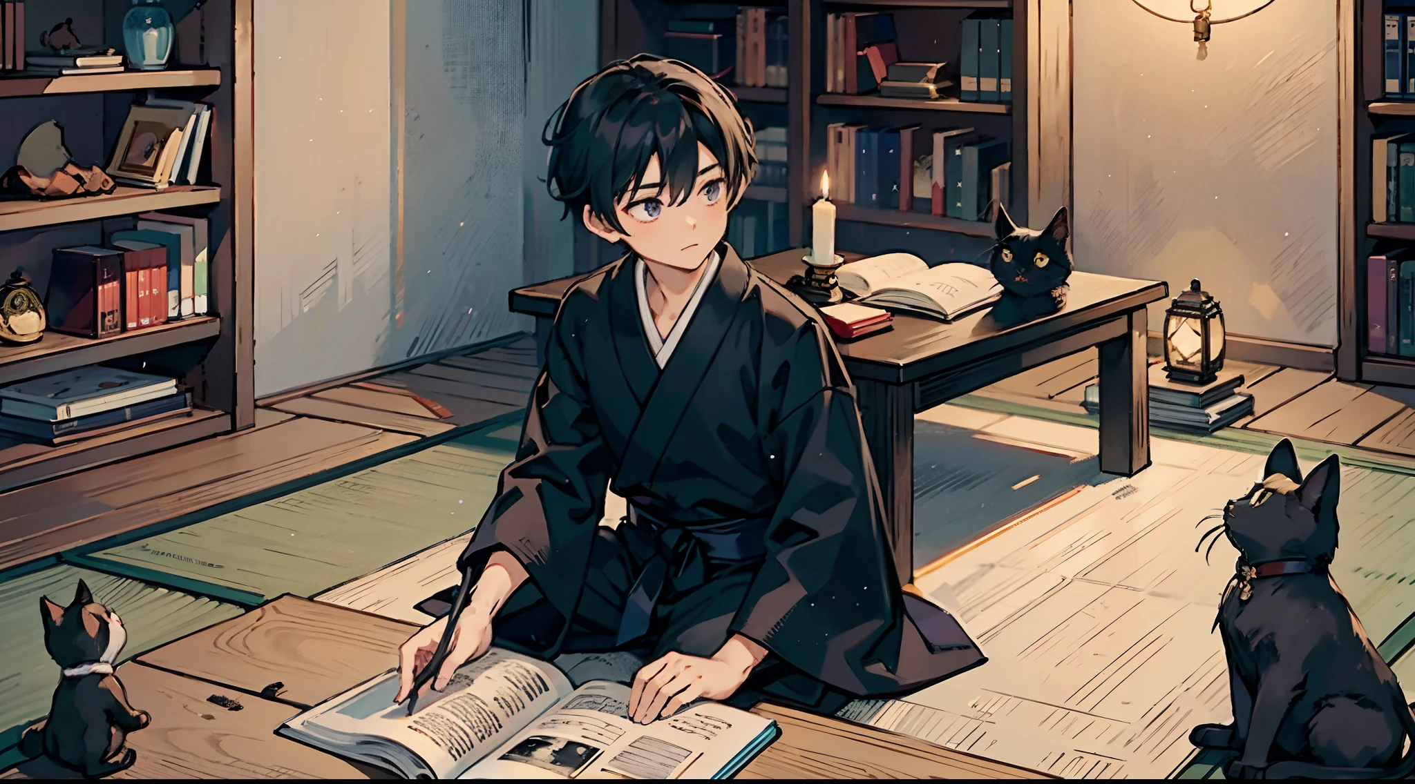 #the beautiful night sky（darkness of night,no light）、
#Boy studying（ male、Honor Students、A dark-haired、short-hair、hakama）、
#night room（less light,black cat,wooden low table,a candle、Tatami mats、Large amount of books、bookcase）