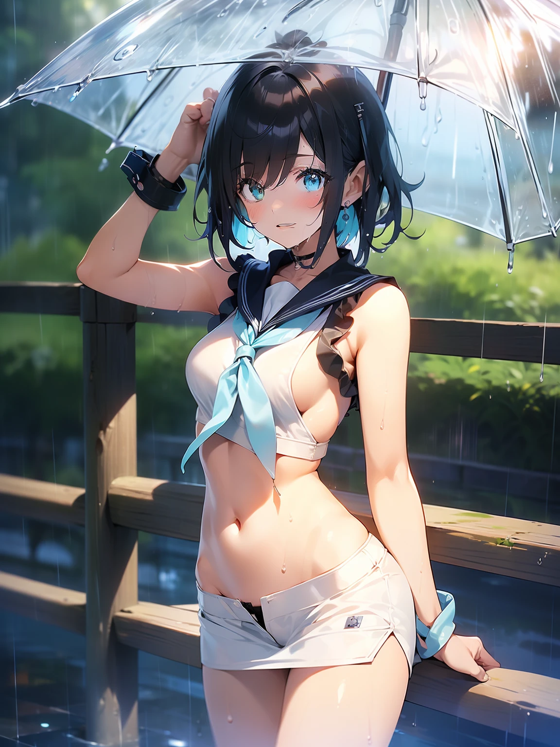 (masutepiece, Best quality:1.37), high resolution, Ultra-detailed, ultrasharp, 1girl in, girl on top,  (((1girl in:1.37, Solo))), (Beautiful anime face, Cute face, Detailed face), ( Black hair, Short hair), (((Delicate and beautiful cyan eyes))), (((Rainy))), (((Wet in the rain))),  a sailor suit, White color blouse, (((Sleeveless))), a navel, ( cow boy shot), A park, A miniskirt, White underwear,