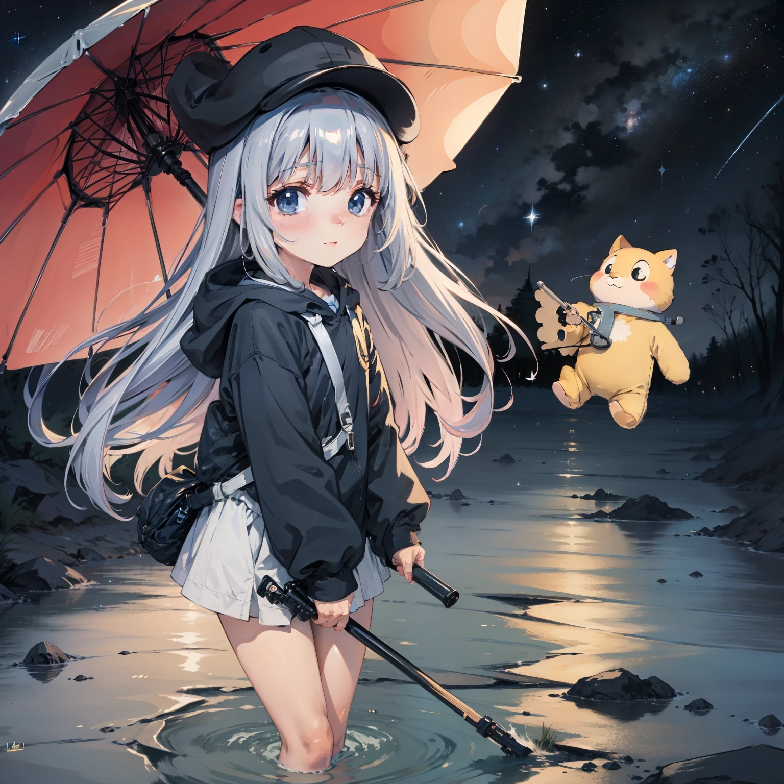 Little girl drifting in the starry sky of the universe,stars shining bright