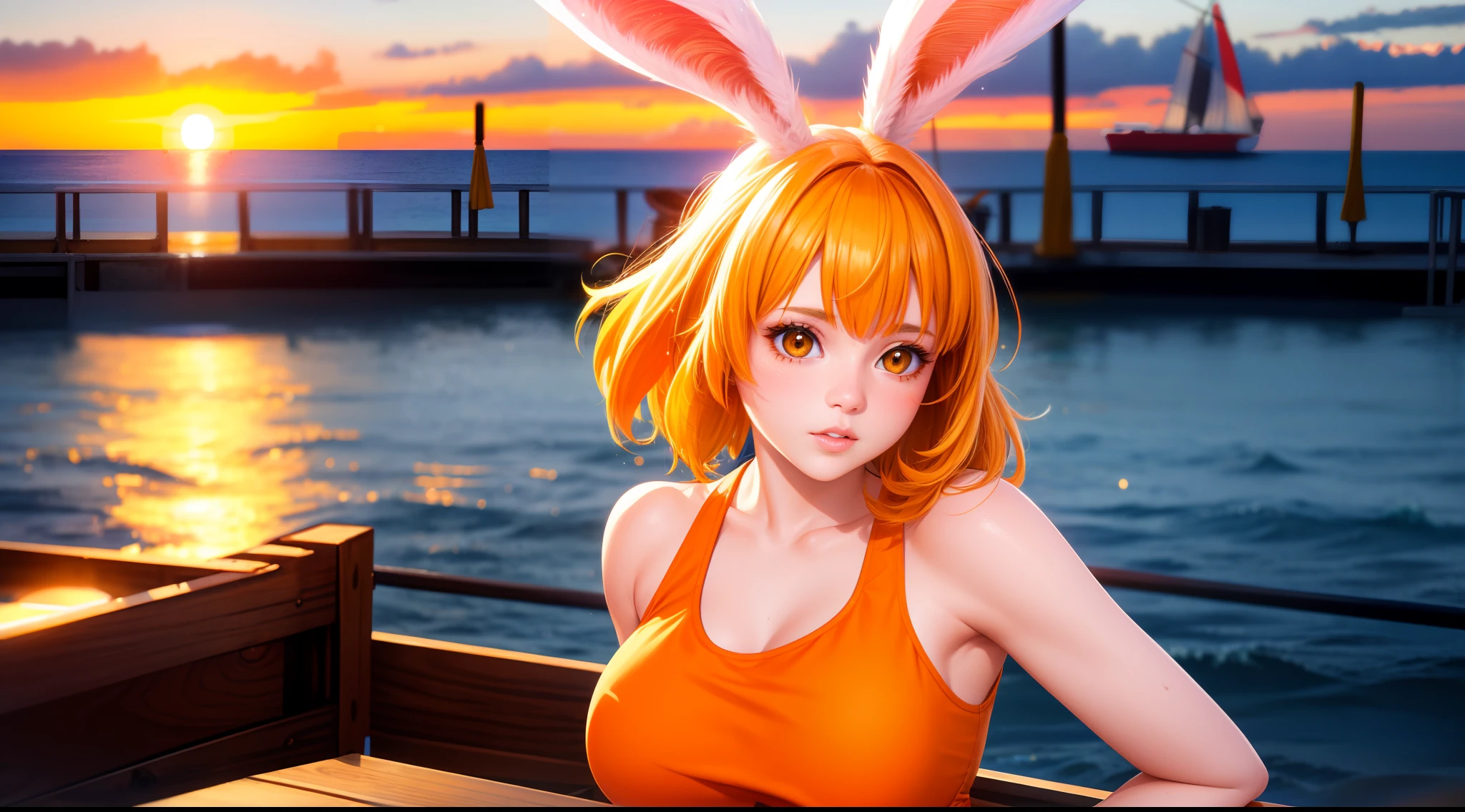 focused upper body, realistic, 1girl, yellow hair and sparkling brown eyes, parted lips, sunset, on ship deck, sunlight, rabbit ears, (wearing orange dress)