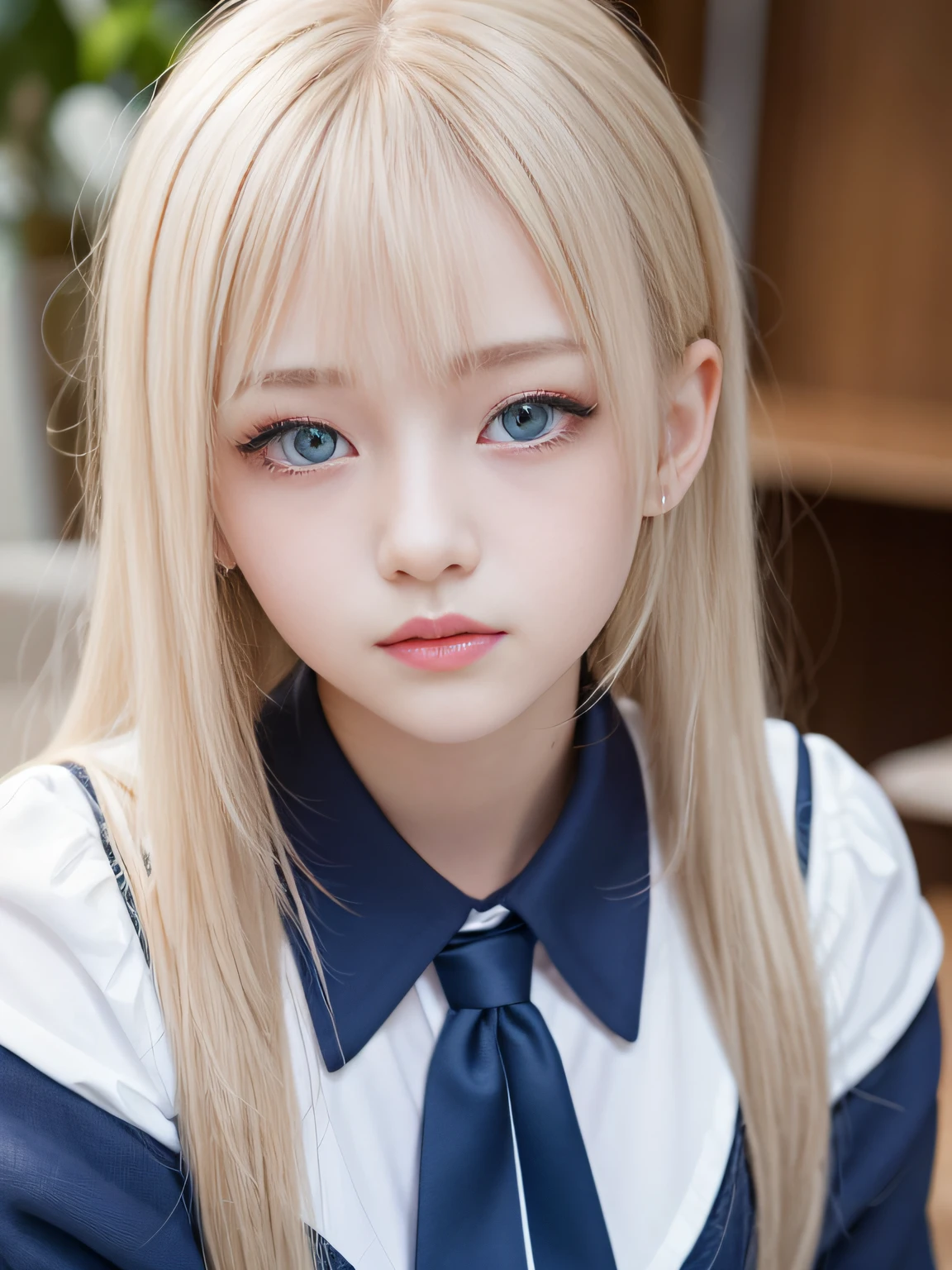 portlate、School Uniforms、bright expression、poneyTail、Young shiny shiny white shiny skin、Best Looks、Blonde reflected light、Platinum blonde hair with dazzling highlights、shiny light hair,、Super long silky straight hair、Beautiful bangs that shine、Glowing crystal clear attractive big blue eyes、Very beautiful nice cute 16 year old girl、Lush bust