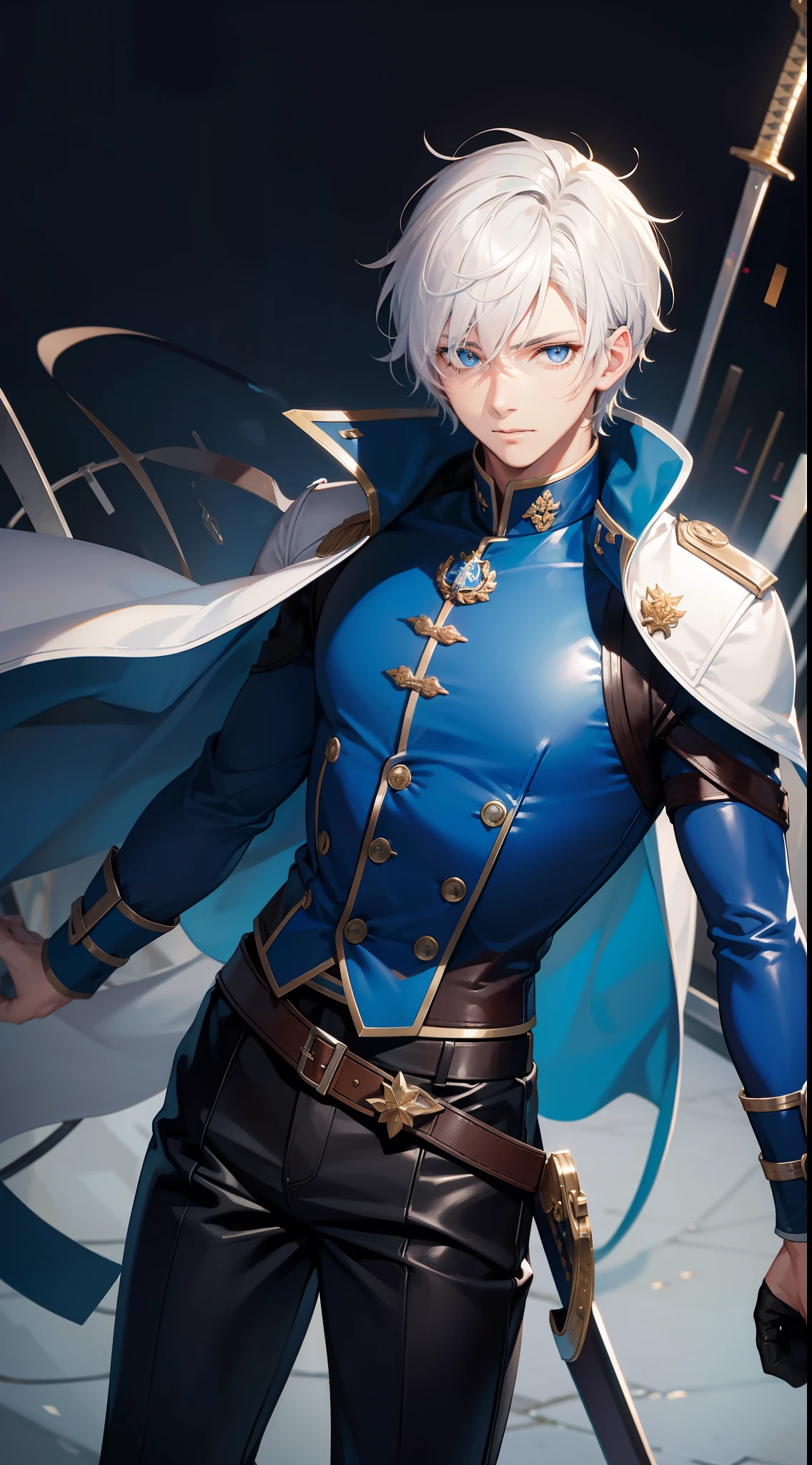 Grown-up guy, short white hair, eyes with blue color, Blue leather coat, belts, circuits, breeches, two swords, Masterpiece, hiquality