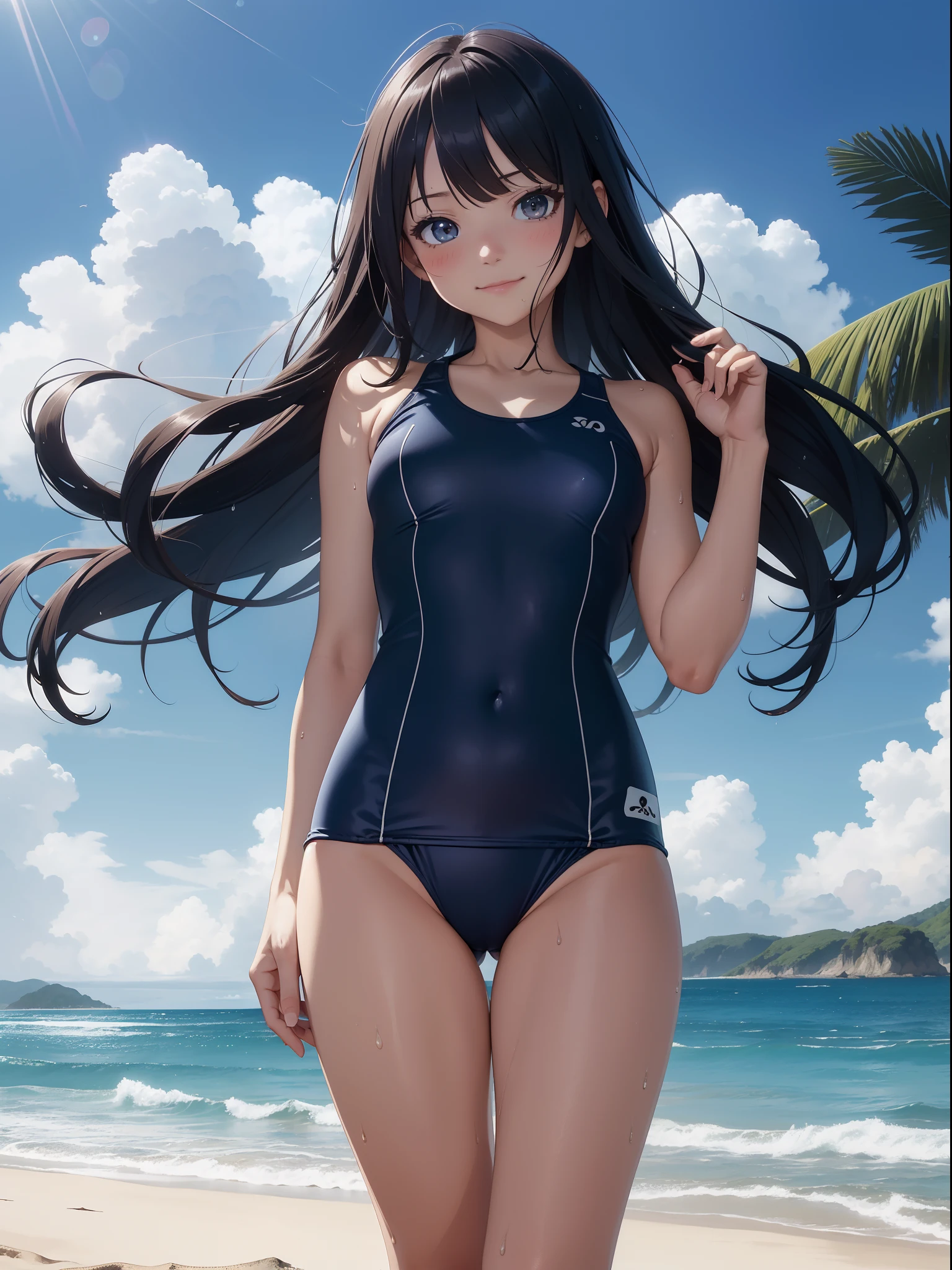 masutepiece, Best Quality, hyper detailed illustration,beautiful artwork,(Extreme Detail CG Unity 8K wallpaper、masterpiece、top-quality)、(exquisite lighting and shadow、highly dramatic picture、cinematic lens effects)、(excellent details、Outstanding lighting、wide angles)、(Excellent rendering),Anime girl walking on the beach Anime girl, 1girl in, (Dark Blue Color School Swimwear:1.5), onepiece swimsuit, Solo, Looking at Viewer, Outdoors, Small bust, ocean, Covered navel, day, Brown eyes, Beach, blush, skyporn, Black hair, cloud, Barefoot, Black one-piece swimsuit, Smile,Twin-tailed,summer sunlight,Wet,(From below),(Head tilt),5-Fingers,(Wet),