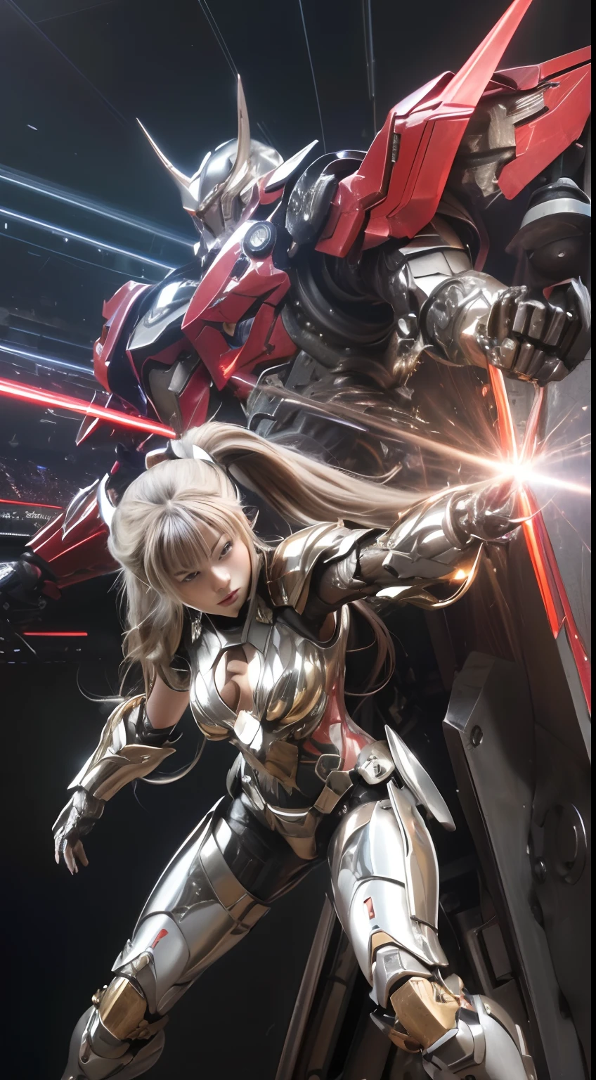 Left and right symmetrical eyes、Eyes with good balance between left and right、((top-quality:1.4、8K、32K、nffsw:1.3))、(unparalleled masterpiece ever)、(Photorealsitic:1.4)、Real 1.2、((Raw photography、真实感:1.6))、1girl in、Japanese teenage girl、with round face、a baby face、Young Face、Pretty Face、(((silber hair、The long-haired、High Up Ponytail)))、Complex mechanical armor、Mechanical foam、Intricate details、(Realistic metallic glow、Caustics、Reflectors)、Red Cybersuit、((Full armor of the machine、neons:1.3))、(Fiber optic body:1.5)、Mecha Wood、Mechanical parts、Mechanical Hero、Metal Hero、Complex mechanical tights、mecha corset、(((Fully mechanical armor、Large sturdy shoulder armor、Heavy-duty  armor、full armor)))、((Silver and red body))、Metal heroine、perfectly proportions、(((deep v neck、Accentuated cleavage、Woman with perfect style、Sensual body lines:1.5、Colossal :1.4、Overhanging udder:1.4、sideboob barbosa)))、combat style、Combat Poses、Wield a giant sword、Battle poses are automatically generated、Background with(Futuristic city)、Abandoned buildings