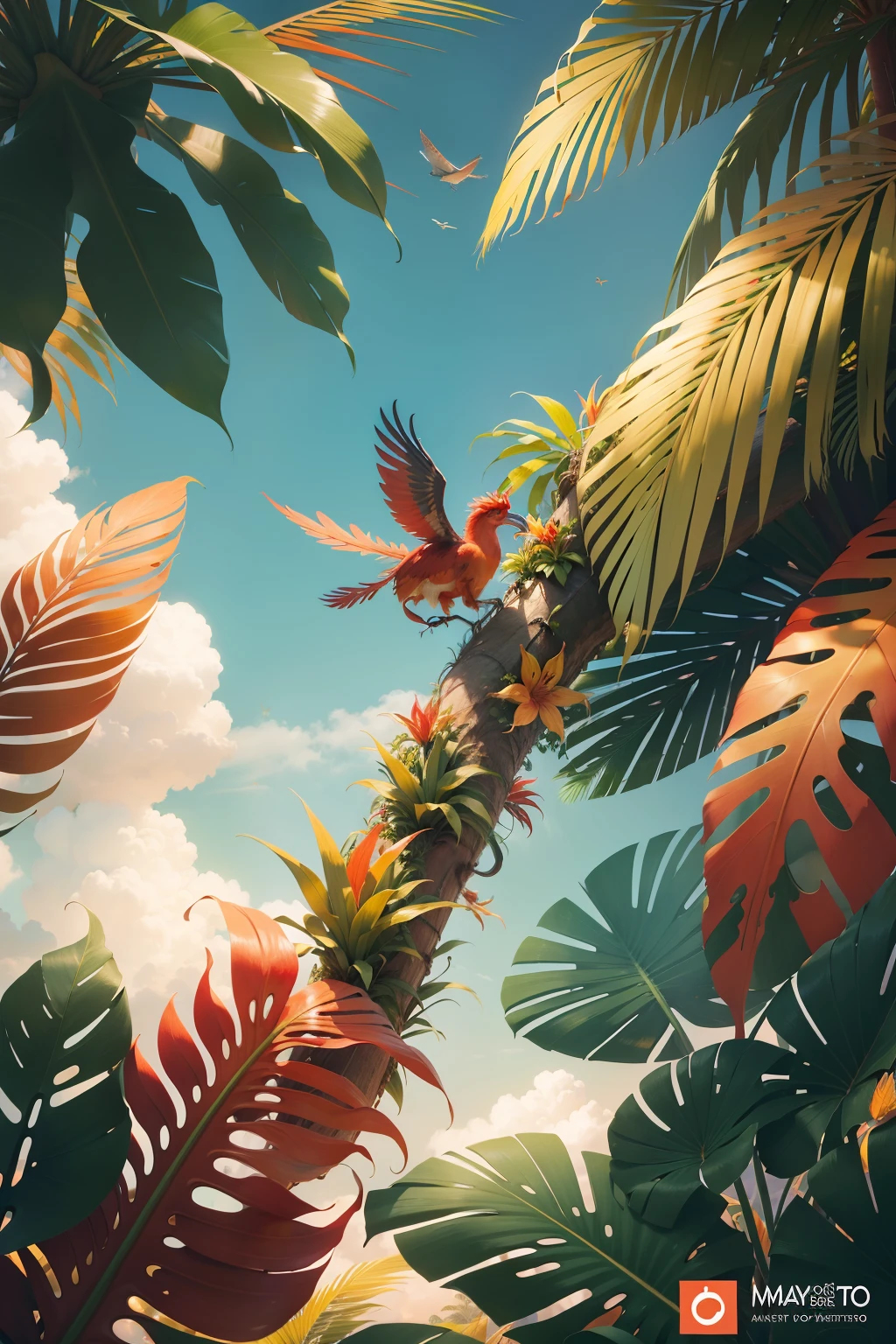 （Summer Solstice Poster）Hojas de heliconia altas，La perspectiva de mirar hacia arriba，（tmasterpiece，Mejor calidad），red heliconias，fantastical scenes，（Hojas variadas，Lotos），Tropical vegetation background，verano，fresco，8k，（Two-dimensional illustration）