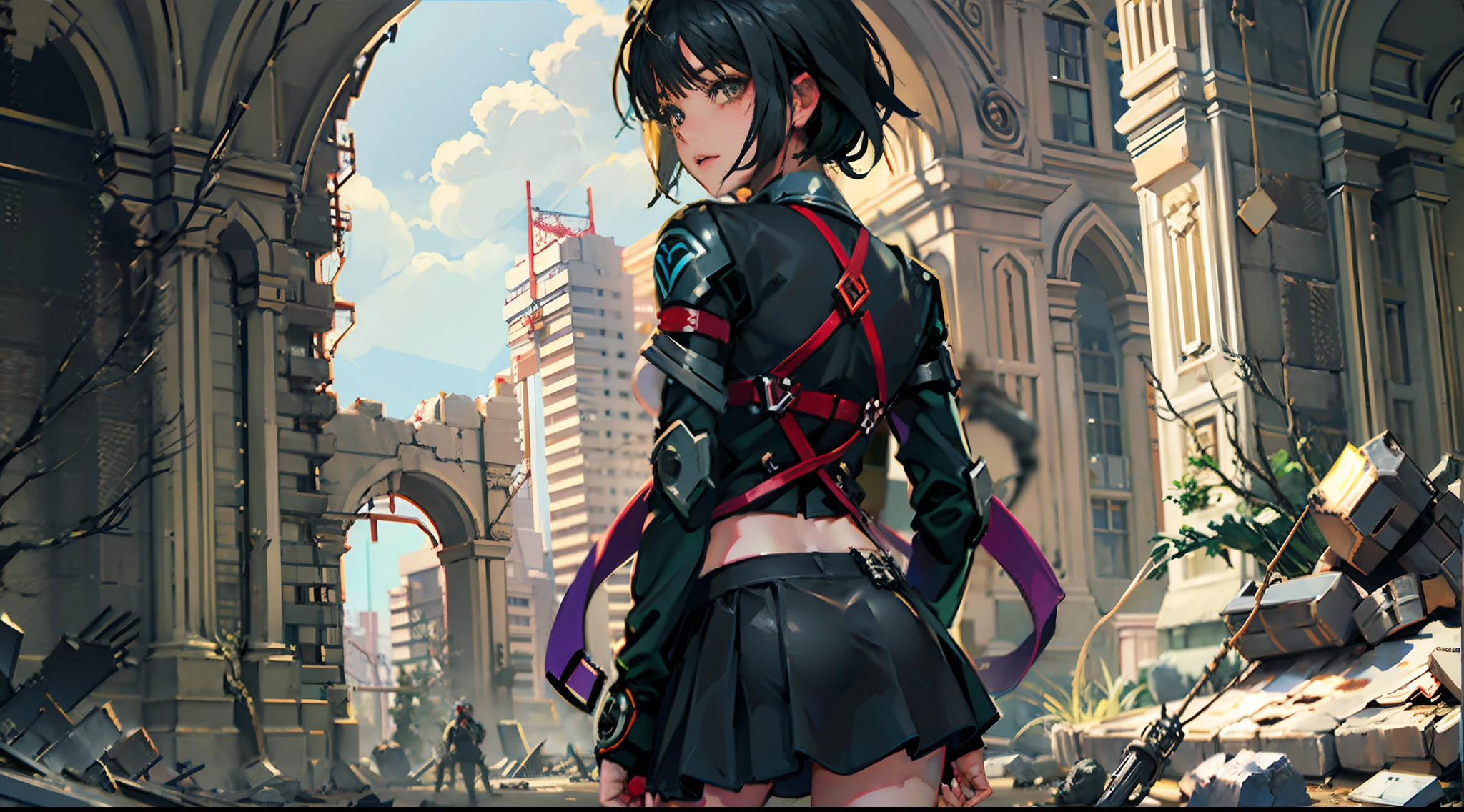 Short black hair，耳Nipple Ring，1girll，dynamic angle，tightsuit，Slits，short  skirt，ssmile，In the ruins，(Hands behind your back)，Stand on forked legs