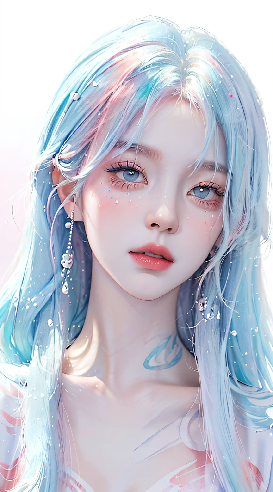 (Masterpiece, Best Quality, High Resolution), White Background, Acrylic Paint, ((Color Splash, Splash of Ink, Color Splash)), Sweet Chinese Girl, Long Light Blue Hair, [Light Blue|Pink] Hair, Curly Hair, Glitter, Peach Lips, White Shirt, Front, Upper Body