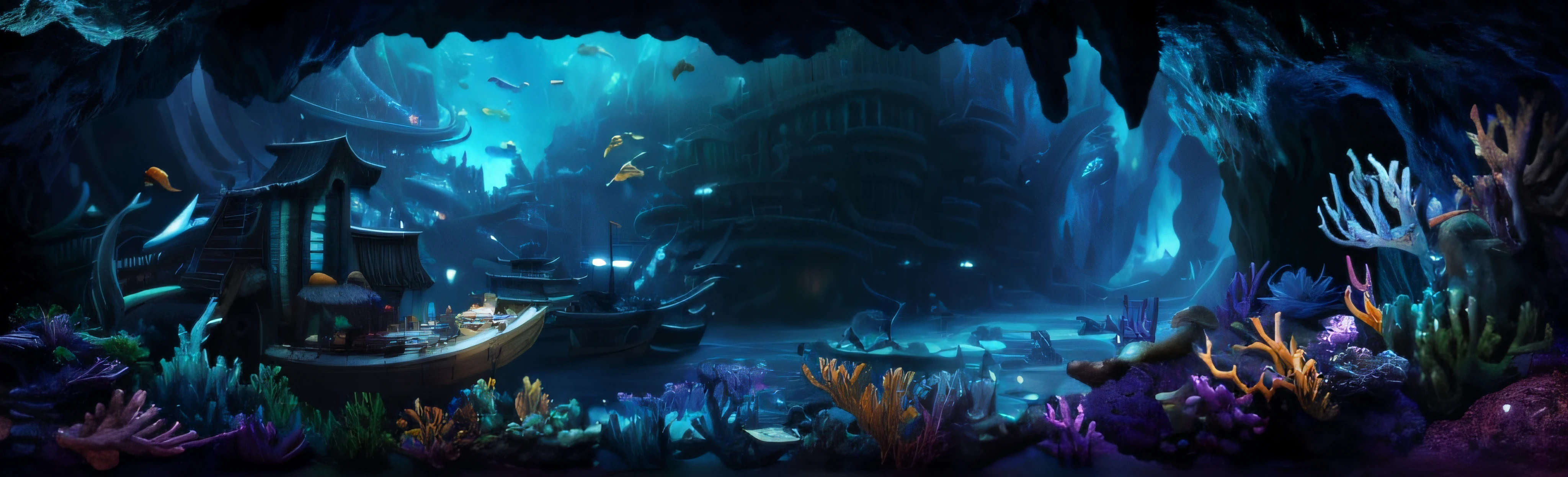 There is a painting of a cave,There is a ship inside, undersea environment, underwater environment, Underwater market, masterpieceunderwater scene, atlantis background, deep sea landscape, an underwater city, background artwork, underwater crystal caverns, concept art highly detailed, painted as a game concept art, underwater scenery, an underwater city, concept art stunning atmosphere,Underwater Dragon Palace,Underwater world,