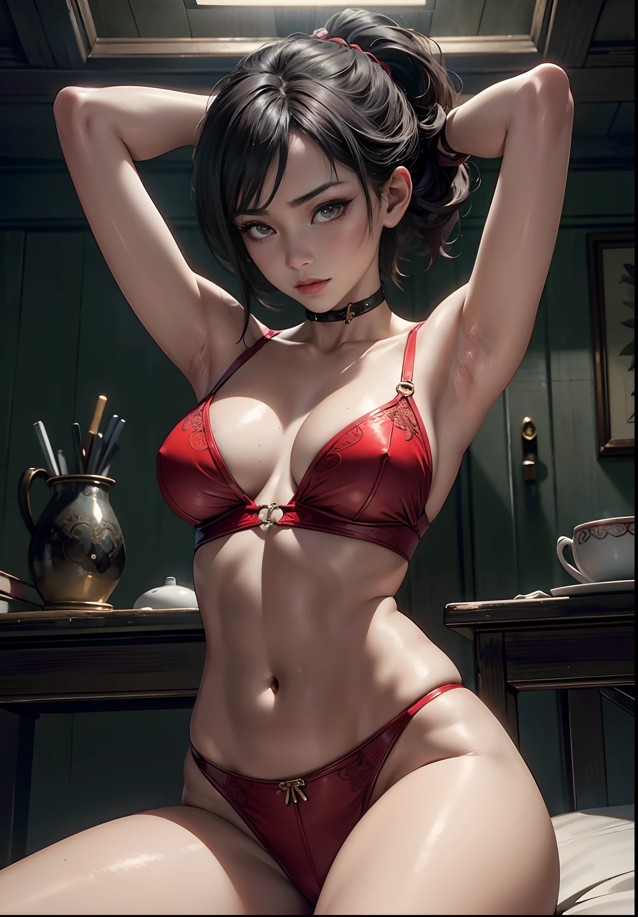 Masterpiece quality. Extremely detailed ada wong, red cheeks. Big boobs and small waist. Pale. Fair skin, large buttocks. she's in sitting alluringly with their hands behind your head. She is tied up and restrained using rope. Luminous lighting. She's in an old school room. Exquisite details. Intricately detailed. Alluring. Sensual. Greasy skin.