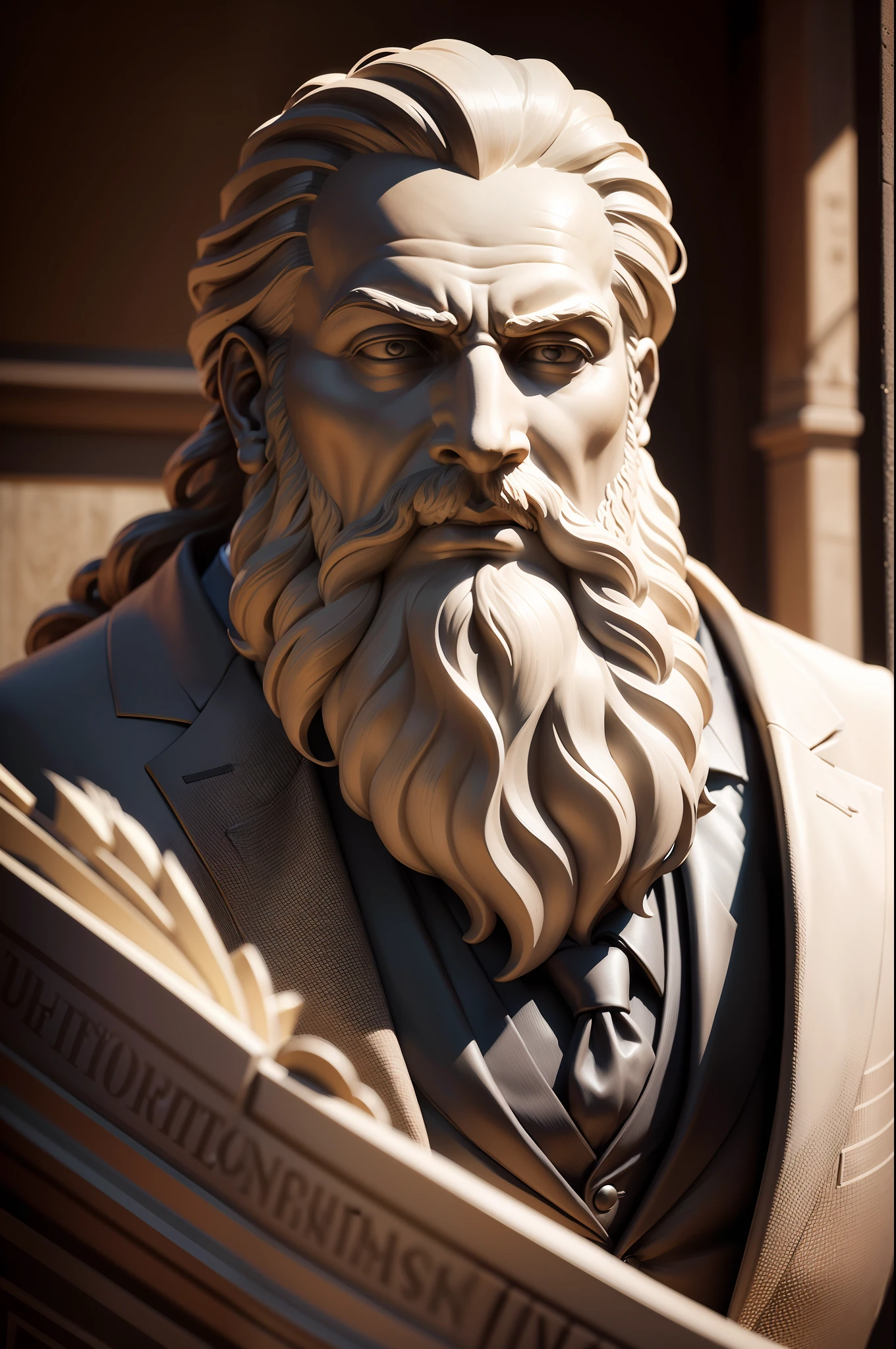 Statue of a Greek philosopher thinker with a large beard dressed in suit and tie, imagem em close-up com foco no rosto, tudo em preto e branco, com fundo preto