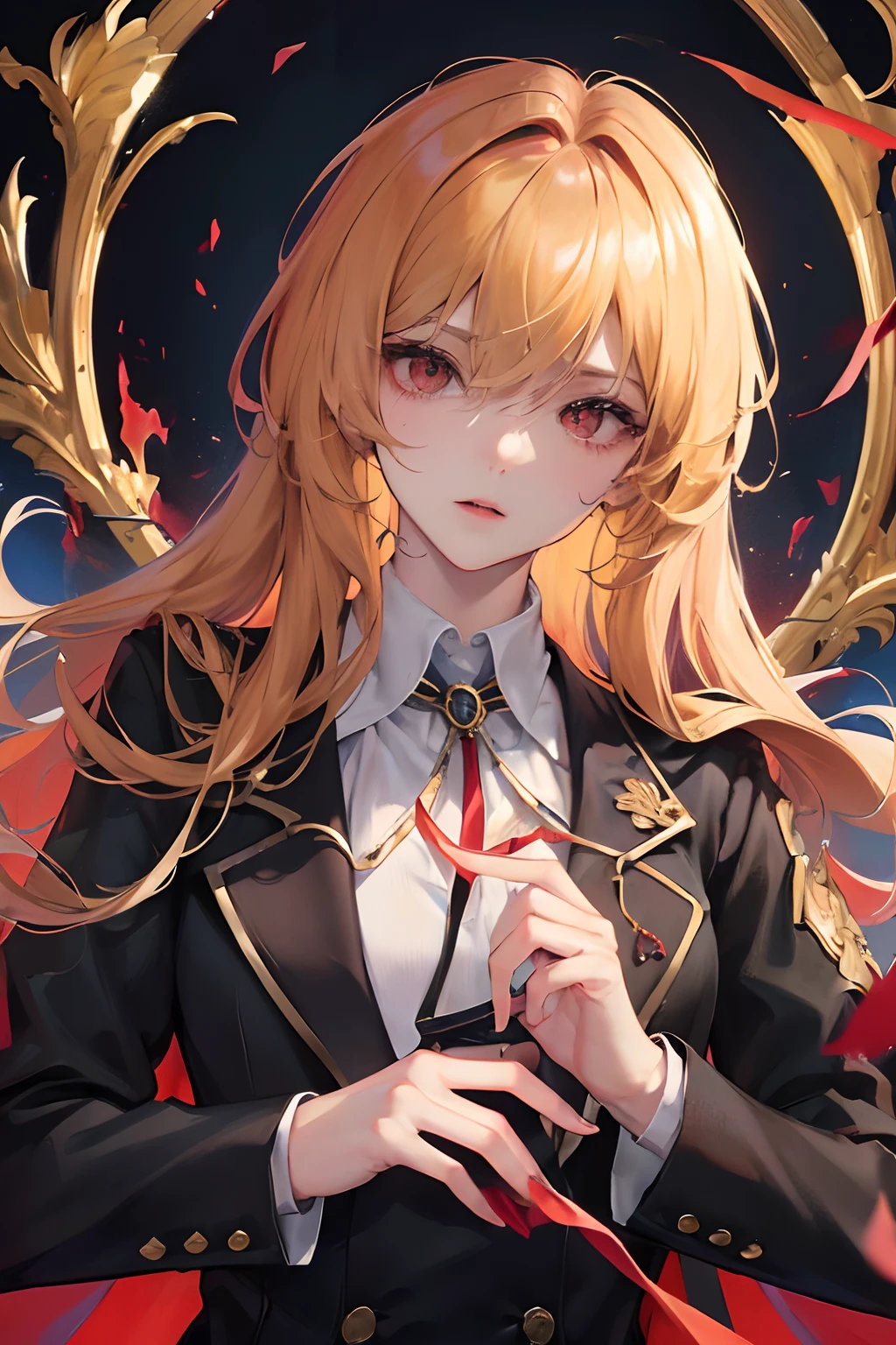 (Top resolution、distinct_image)top-quality、Women's masterpieces、ighly detailed、Semi-realistic、(Most of the body)、Blonde shorthair、bangss、17 age、年轻、Black fitting、high-school uniform、Stand Collar Shirt、Sharp face、(Red eyes、hair between eye)、fluorescent long coat(Broken glass)、(Night sky background)、Cold、Serious and、Authoritative、Powerful、(standing painting)、(Exquisite facial features、Exquisite facial features)