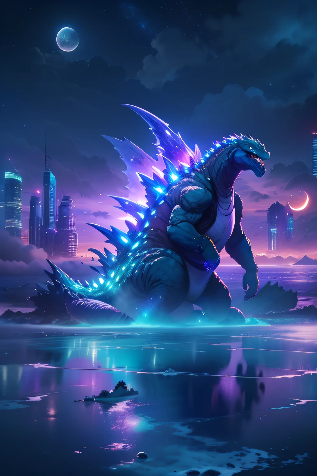 Godzilla , the ocean，The background is a futuristic city, scifi style, blue and violet, brightly, Sky background at night，There are many stars and a moon that splits in two. Ultra photo realsisim