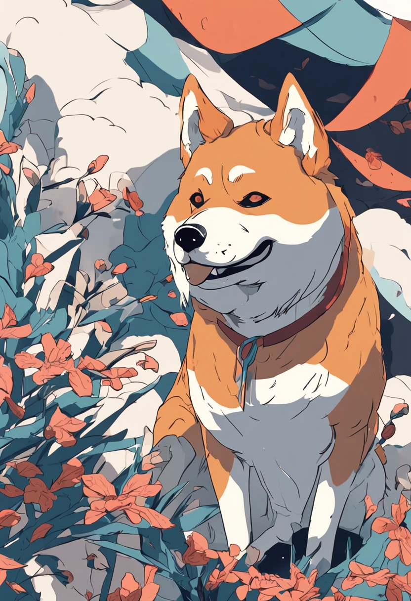 Obra maestra, La mejor calidad, (CG 8k fondo de pantalla muy detallado), (La mejor calidad), (best illustration), (Las mejores sombras), Sprite brillante, Image from Japanese anime, un perro macho Akita inu reemplaza el pelaje por color azul, con la boca cerrada, en estilo detallado y delicado, flores, with vibrant lighting and realistic shadows, alta calidad, 8k,