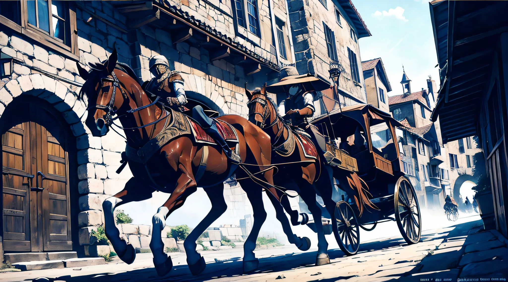 "Dynamic manga-style artwork depicting a male character riding a horse carriage through a bustling medieval village, carrying essential food supplies. Detailed shading and intricate detailing enhance the visual impact."