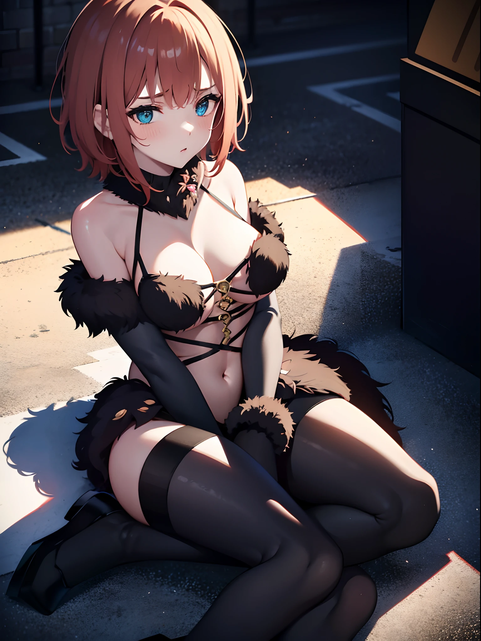 natural redhead woman, 1 woman, zoomed out, short curly hair, black costume, dangerous_veast, blush, full sheriff uniform, heterochromia, sitting on the pavement, low angle, bare shoulders, micro costume, ultra detailed, striped shirt, high leotard, long black coat